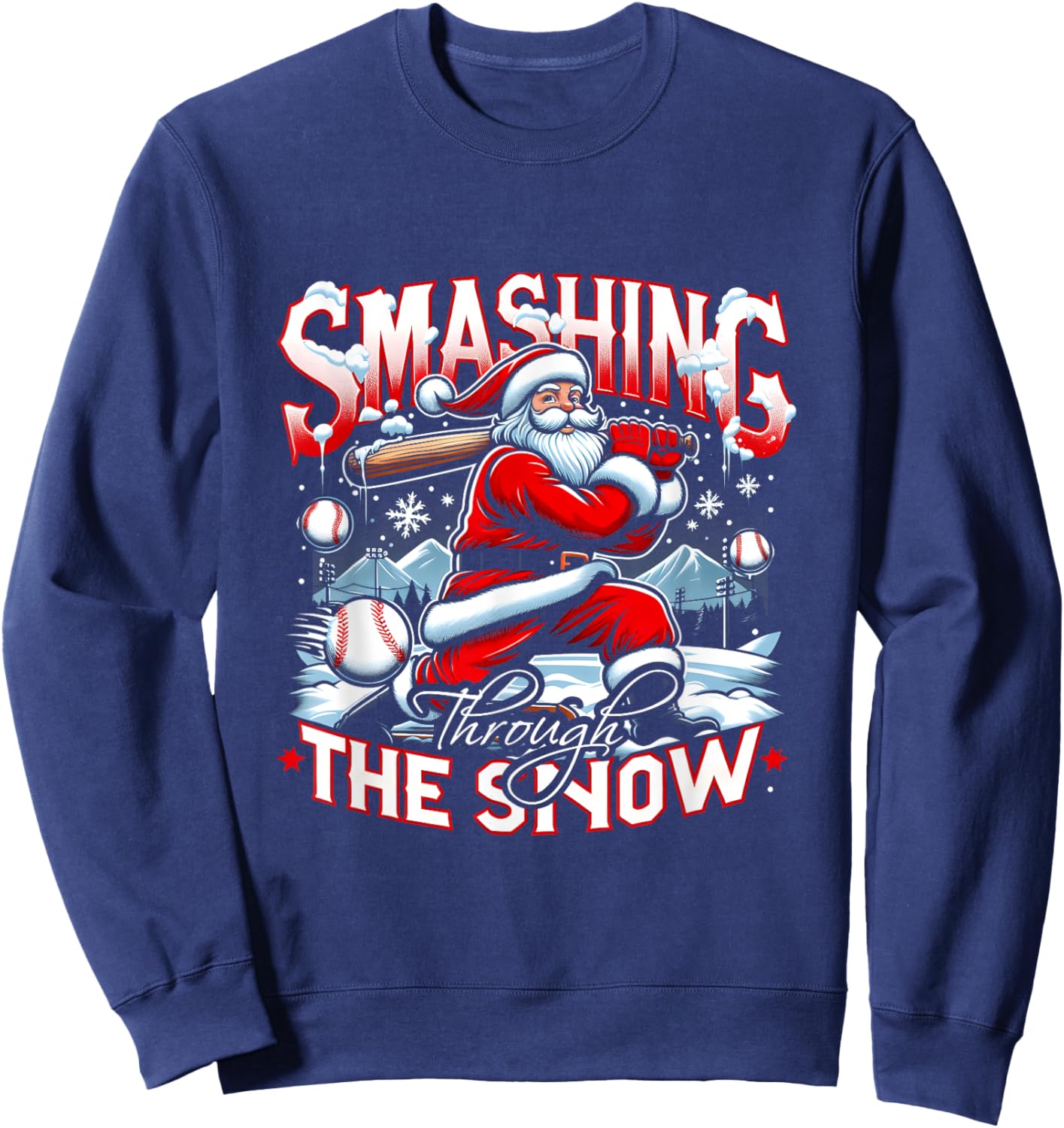 Baseball Player Christmas Santa Smashing Through Snow Sweatshirt - Sweatshirt | Navy