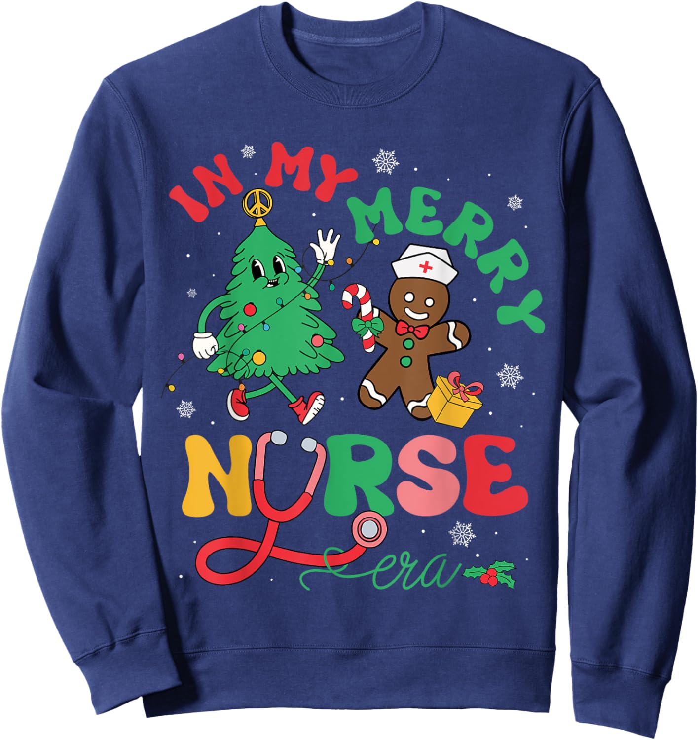 In My Merry Nurse Era Christmas Tree Gingerbread Nursing Sweatshirt - Sweatshirt | Navy