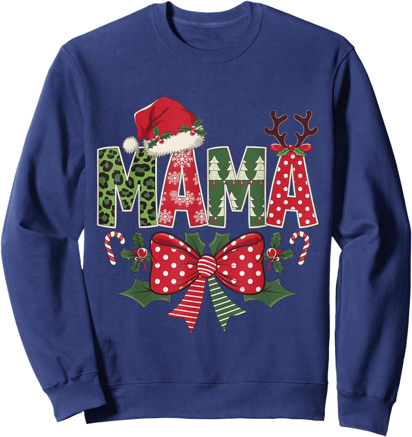 Mama Claus Santa Hat Coquette Bow Christmas Pajama Matching Sweatshirt - Sweatshirt | Navy