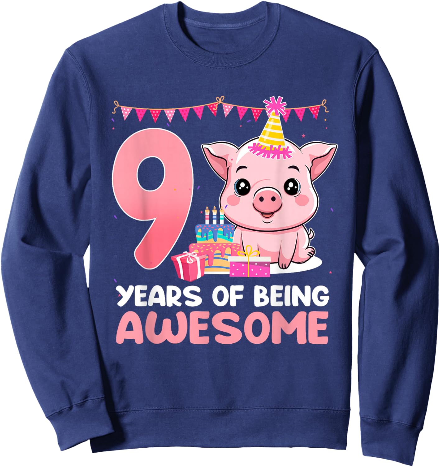 Kids 9 Years Of Being Awesome 9th Birthday Cute Pig Sweatshirt - Sweatshirt | Navy