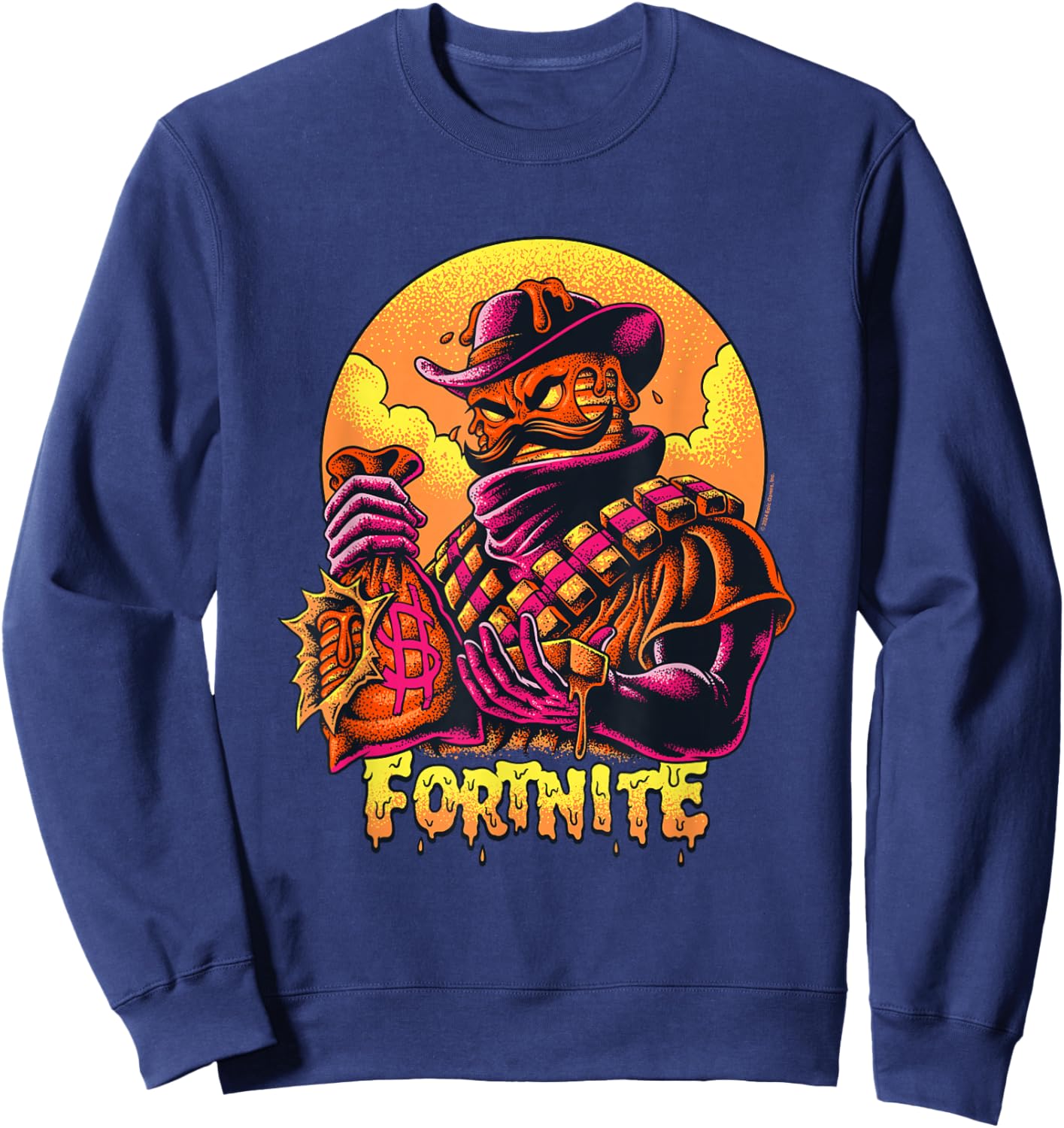 Fortnite Iconic Mancake Cowboy Distressed Big Chest Portrait Sweatshirt - Sweatshirt | Navy