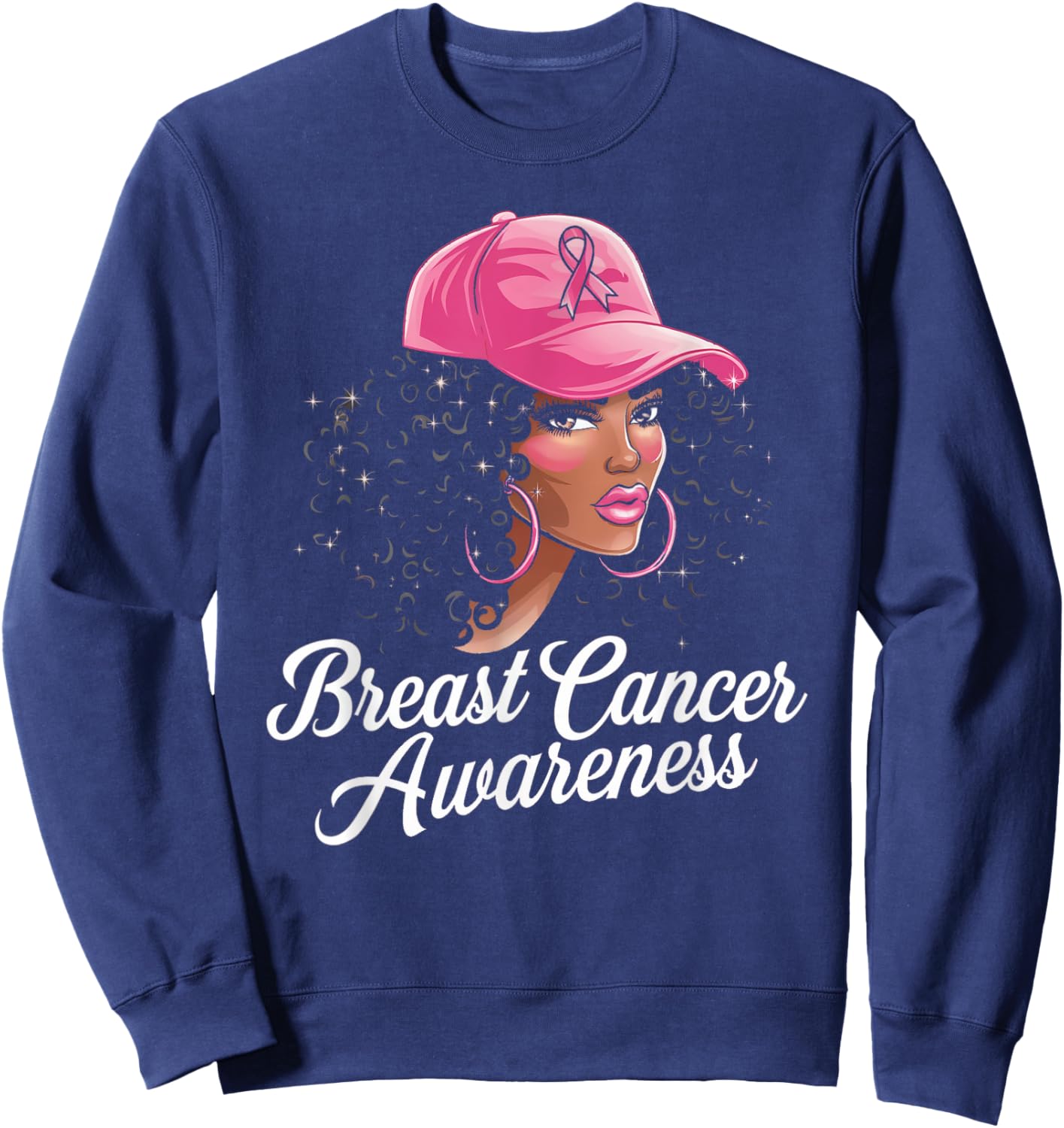 Breast Cancer Shirts for Black Women Hair Pink Hat Sweatshirt - Sweatshirt | Navy