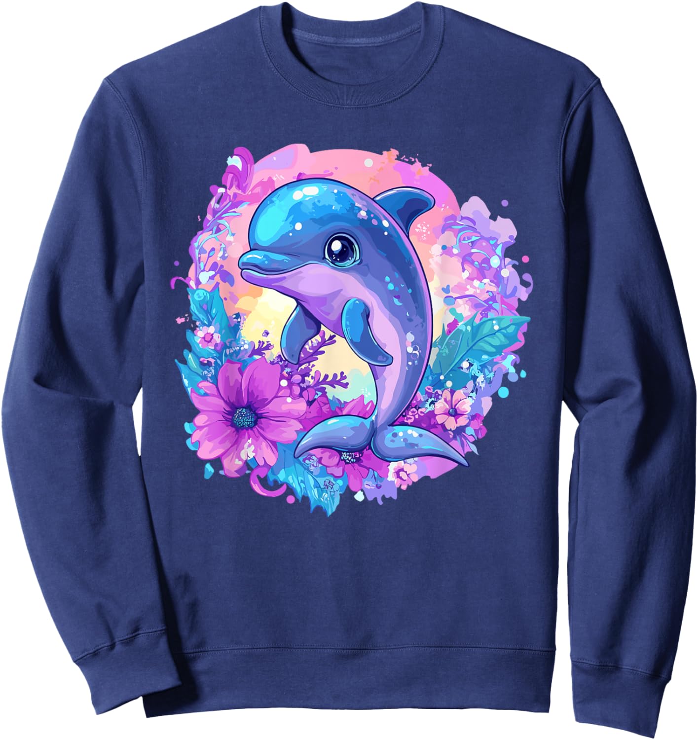 Playful Dolphin Surrounded By Flowers Sweatshirt - Sweatshirt | Navy