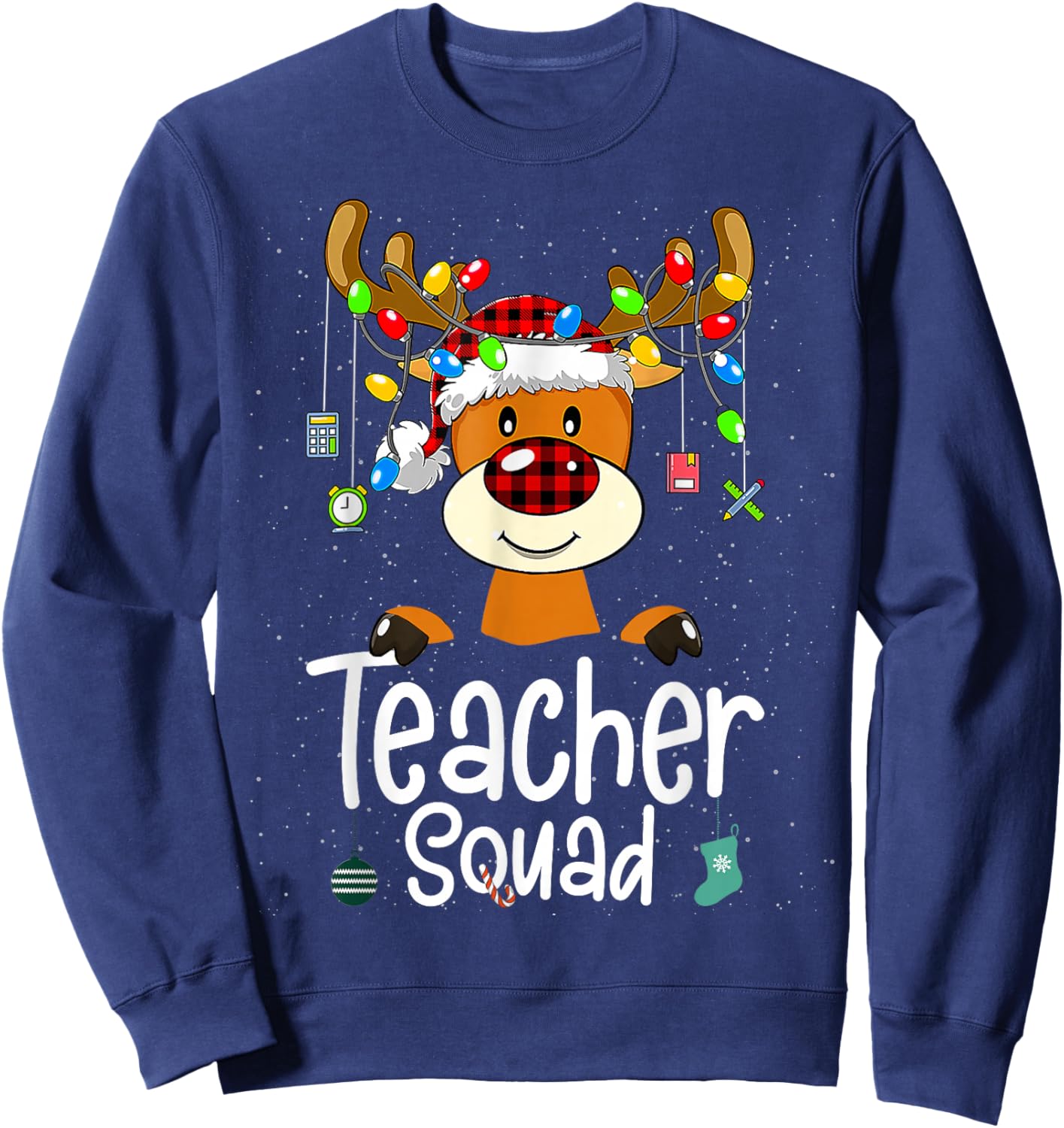 Teacher Squad Red Black Plaid Rudolph Reindeer Christmas Sweatshirt - Sweatshirt | Navy