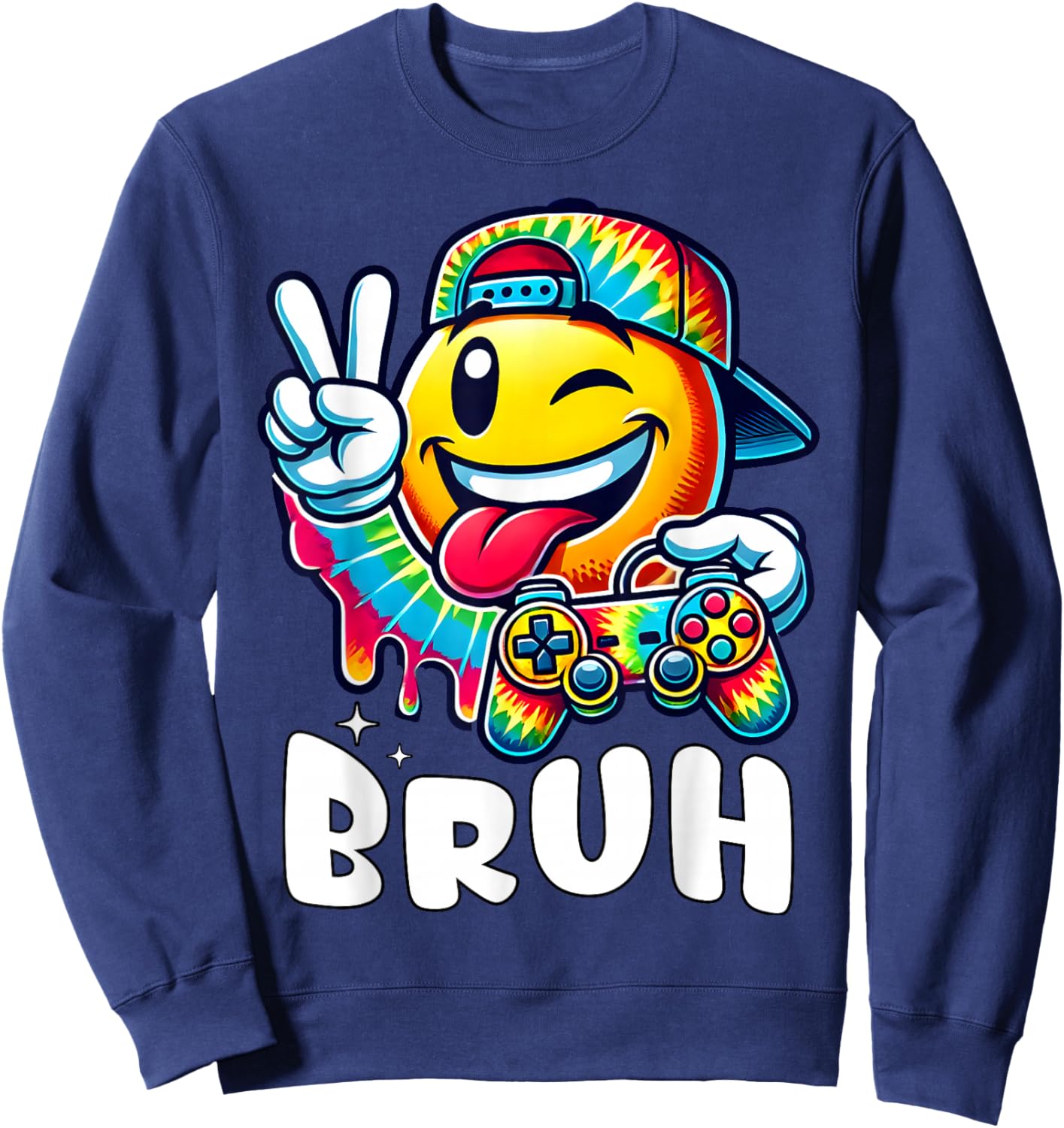 Groovy Tie Dye Gaming Funny Bruh Boys Peace Sign Gamer Kids Sweatshirt - Sweatshirt | Navy