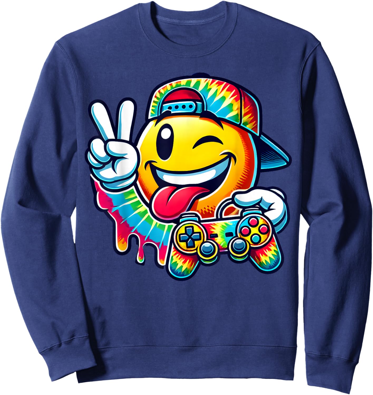 Groovy Tie Dye Gaming Boys 70s Retro Smile Peace Sign Gamer Sweatshirt - Sweatshirt | Navy