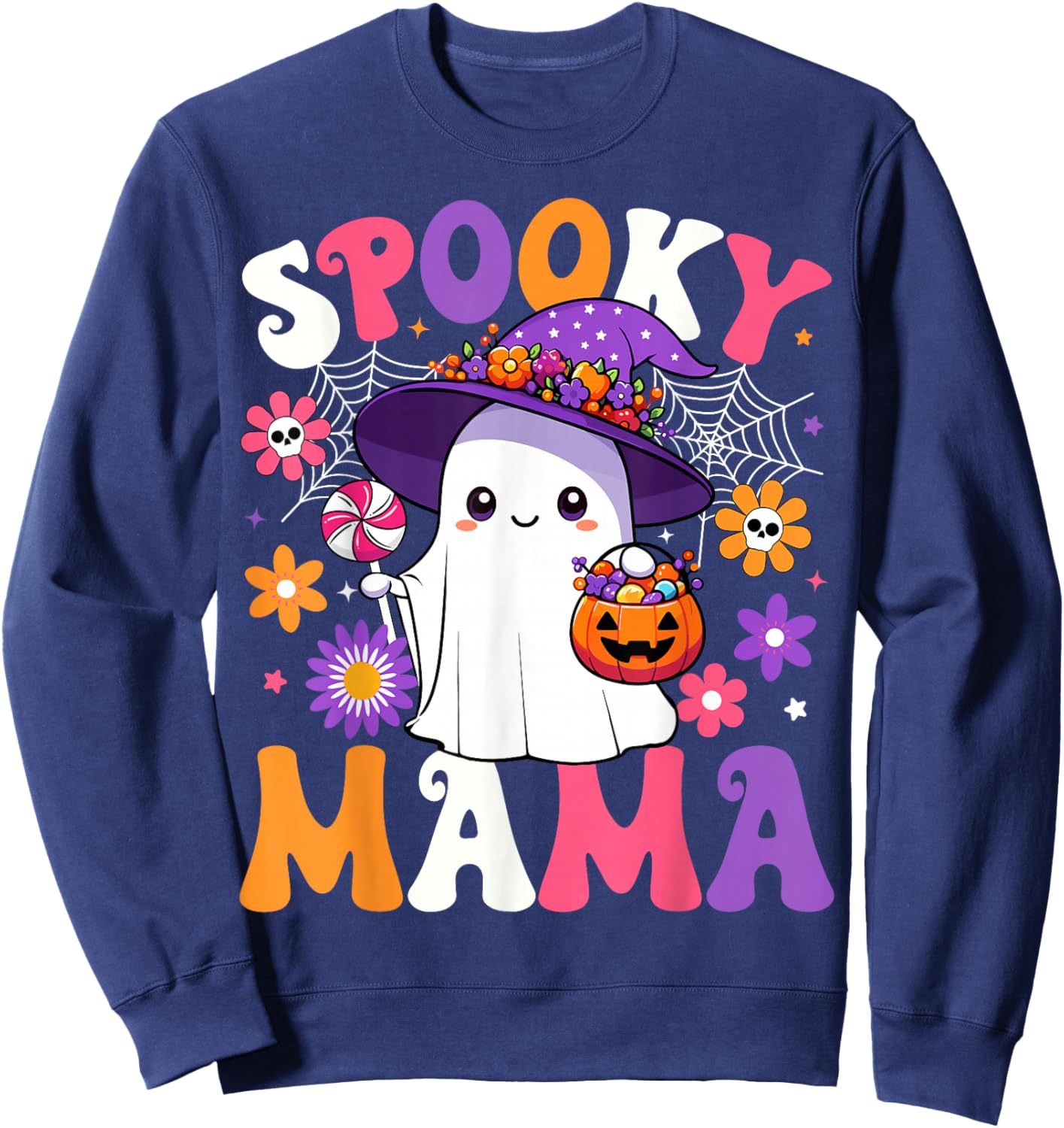 Groovy Spooky Mama Halloween Ghost Pumpkin Halloween Mom Sweatshirt - Sweatshirt | Navy