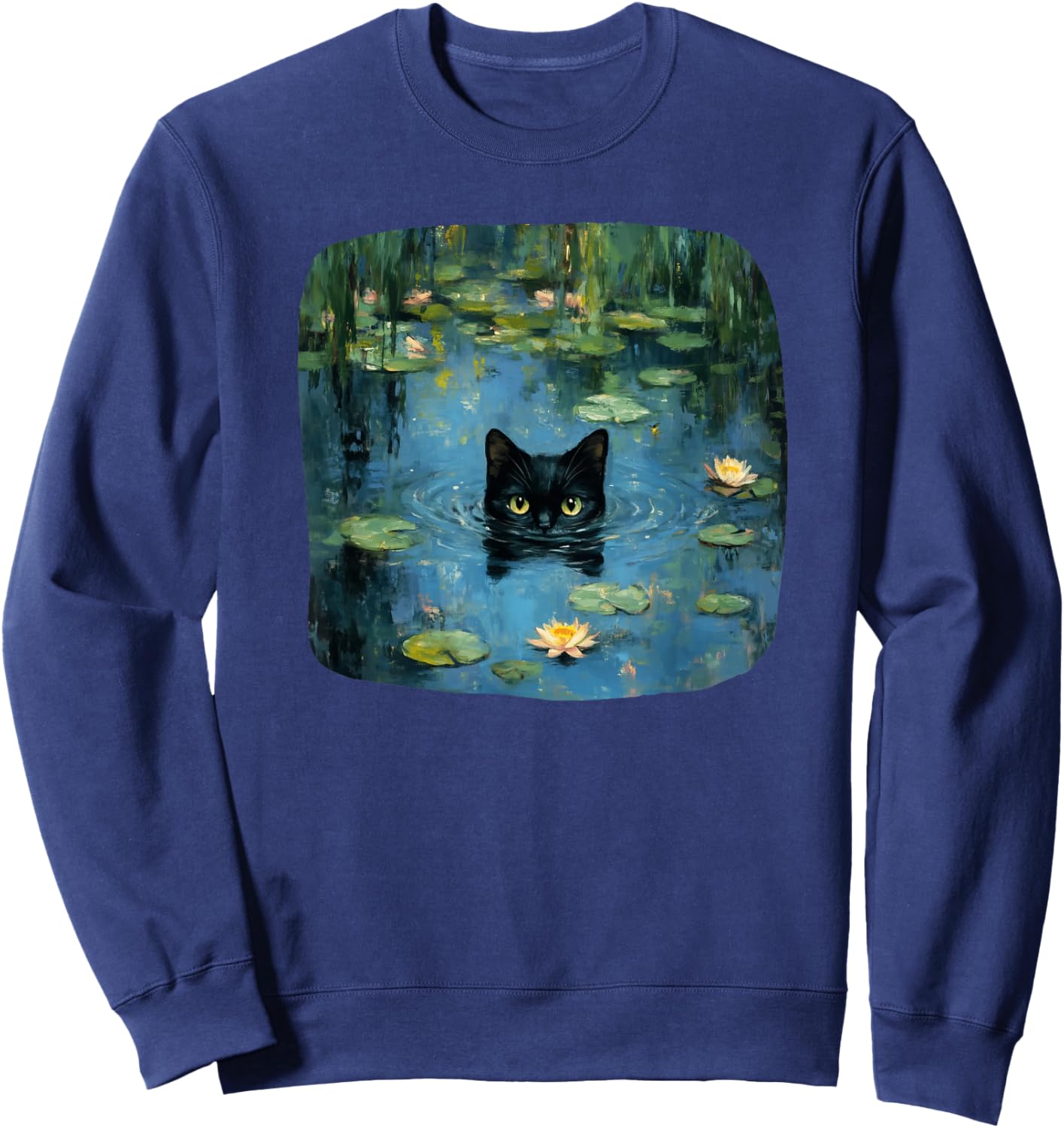Mystical Black Cat Swimming in Waterlily Pond Art Lover Men Women Kids Sweatshirt - Sweatshirt | Navy