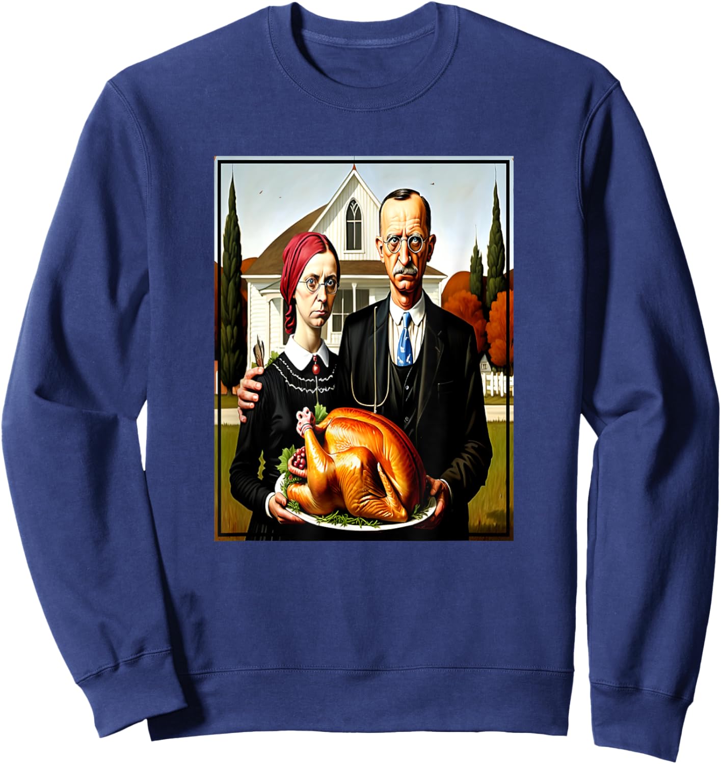 Thanksgiving Dinner American Gothic Parody Painting Sweatshirt - Sweatshirt | Navy