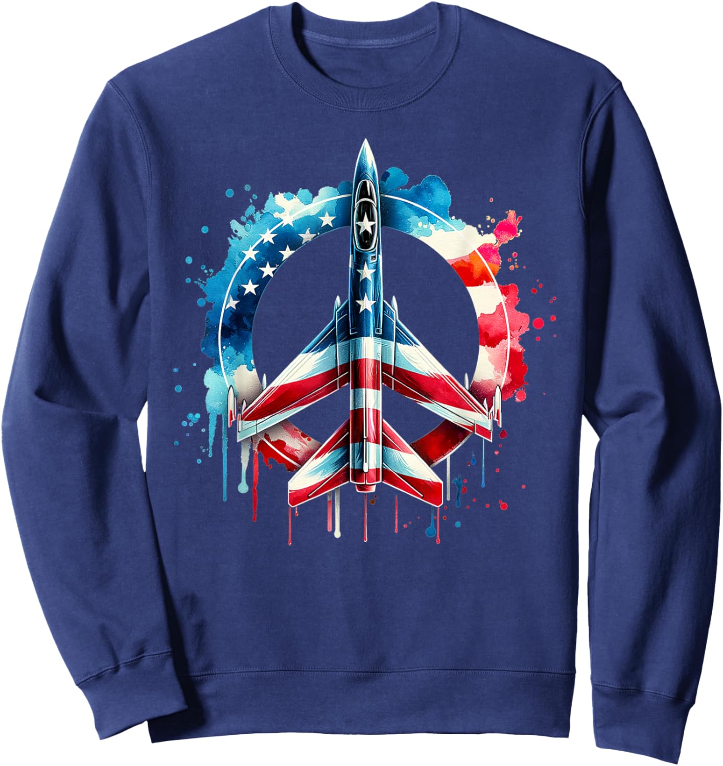 Flying Jet American Flag Peace Sig USA Patriotic July 4th Sweatshirt - Sweatshirt | Navy