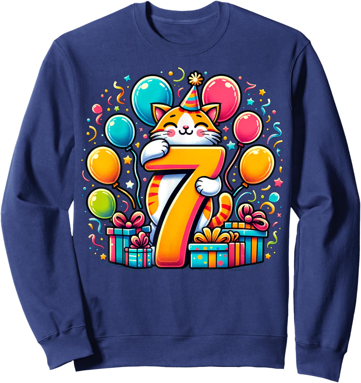 Cat 7th birthday boy girl 7 years old seventh seven Cat Sweatshirt - Sweatshirt | Navy