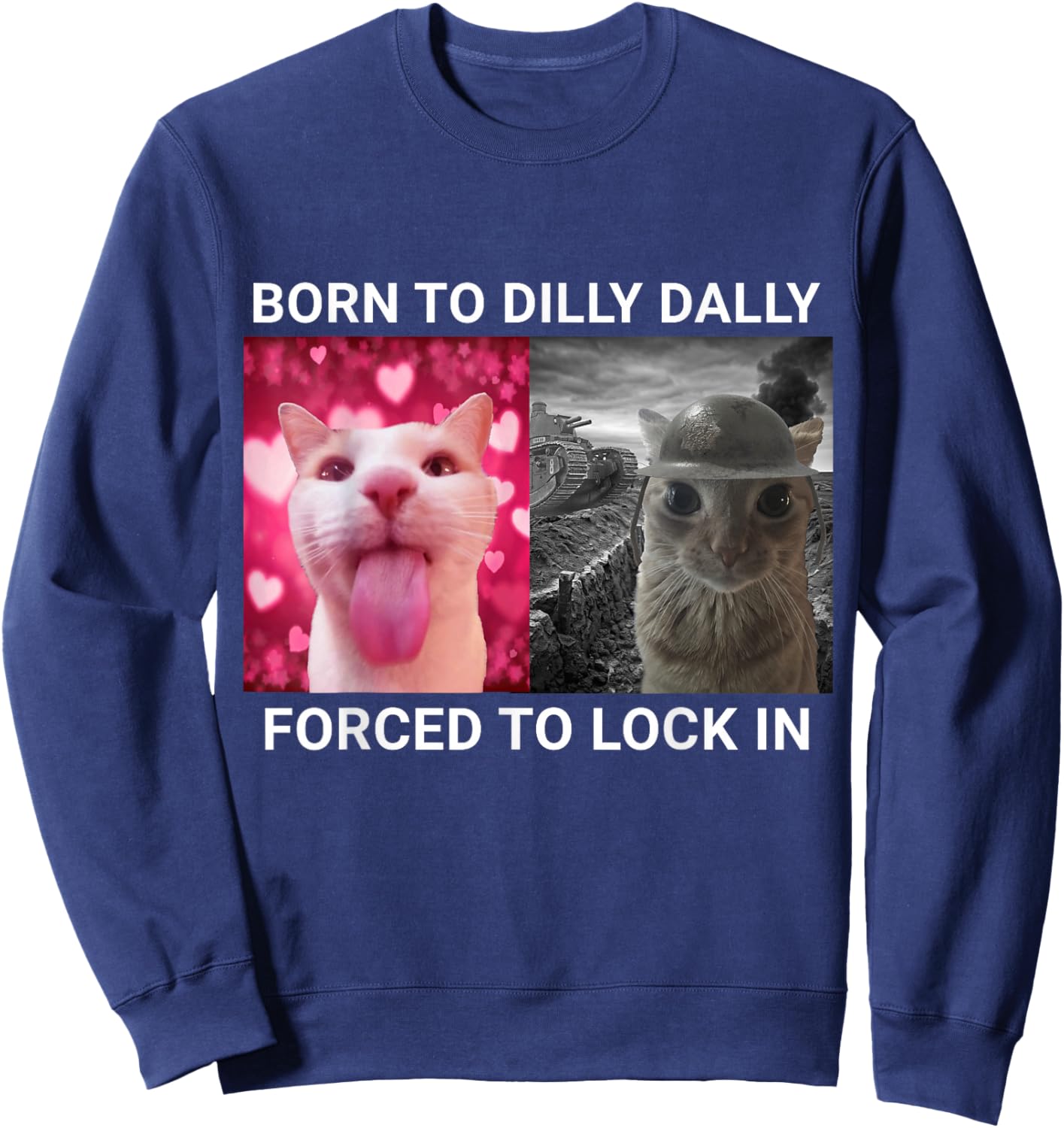 Born To Dilly Dally Forced To Lock In Cat Meme Sweatshirt - Sweatshirt | Navy