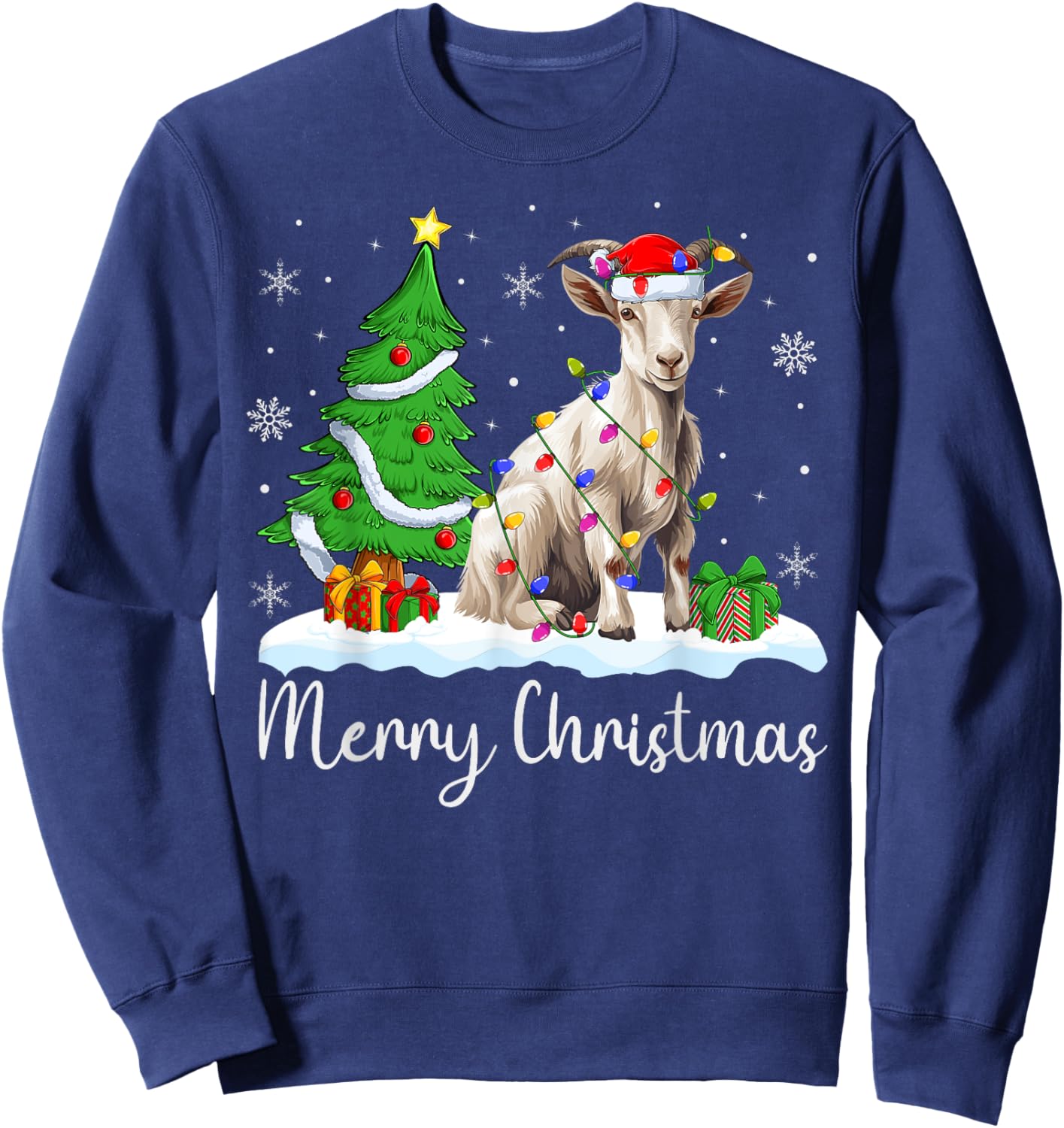 Goat Xmas Lighting Santa Hat Goat Merry Christmas Tree Sweatshirt - Sweatshirt | Navy