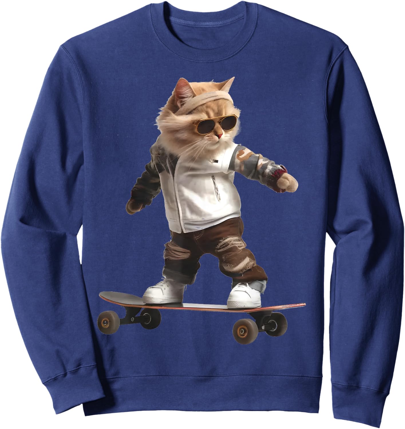 Cat On A Skateboard Funny Stylish Riding Cat In Skatepark Men Women Kids Sweatshirt - Sweatshirt | Navy