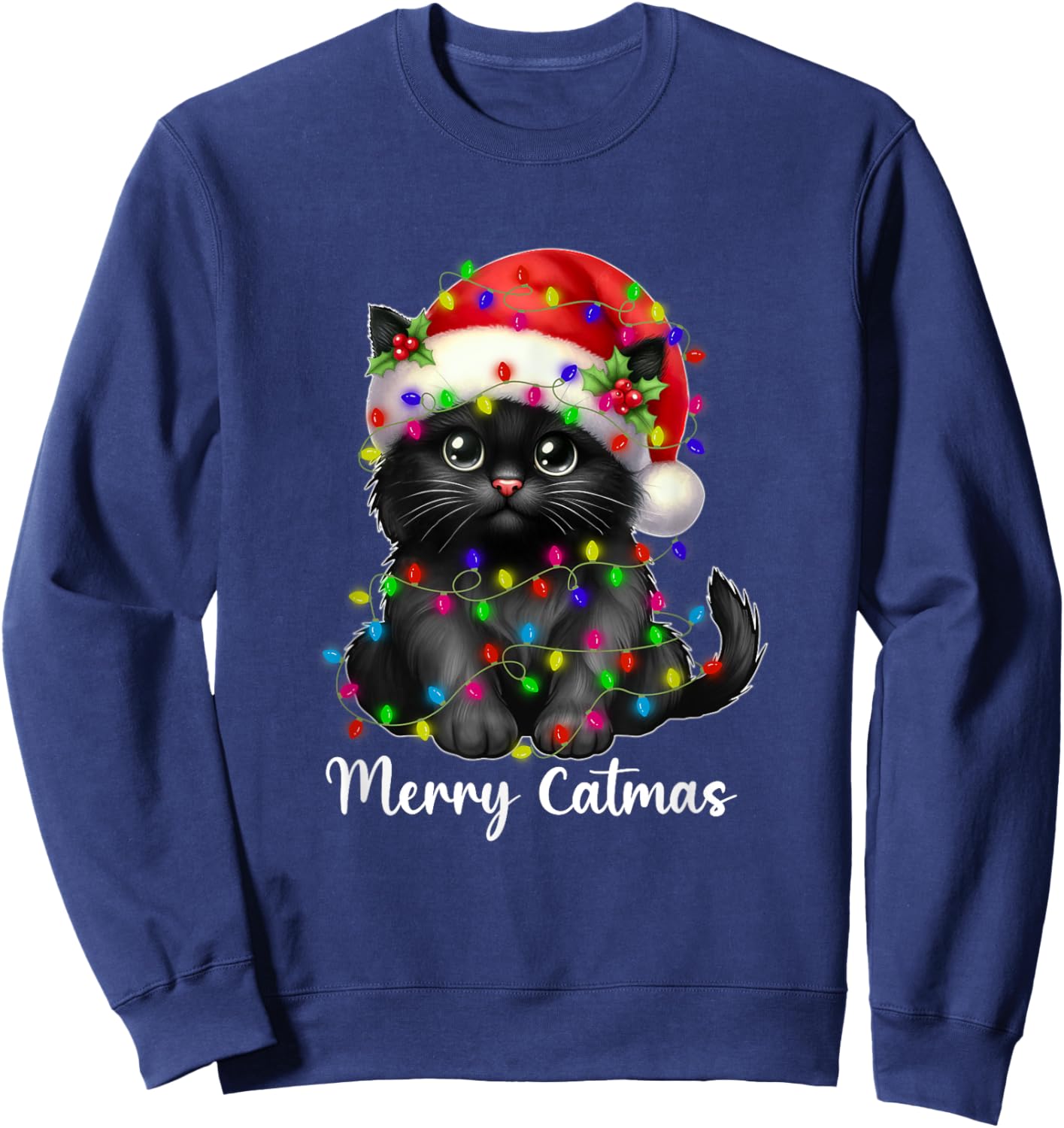 Merry Catmas Black Cat Christmas Light Xmas Family Men Women Sweatshirt - Sweatshirt | Navy