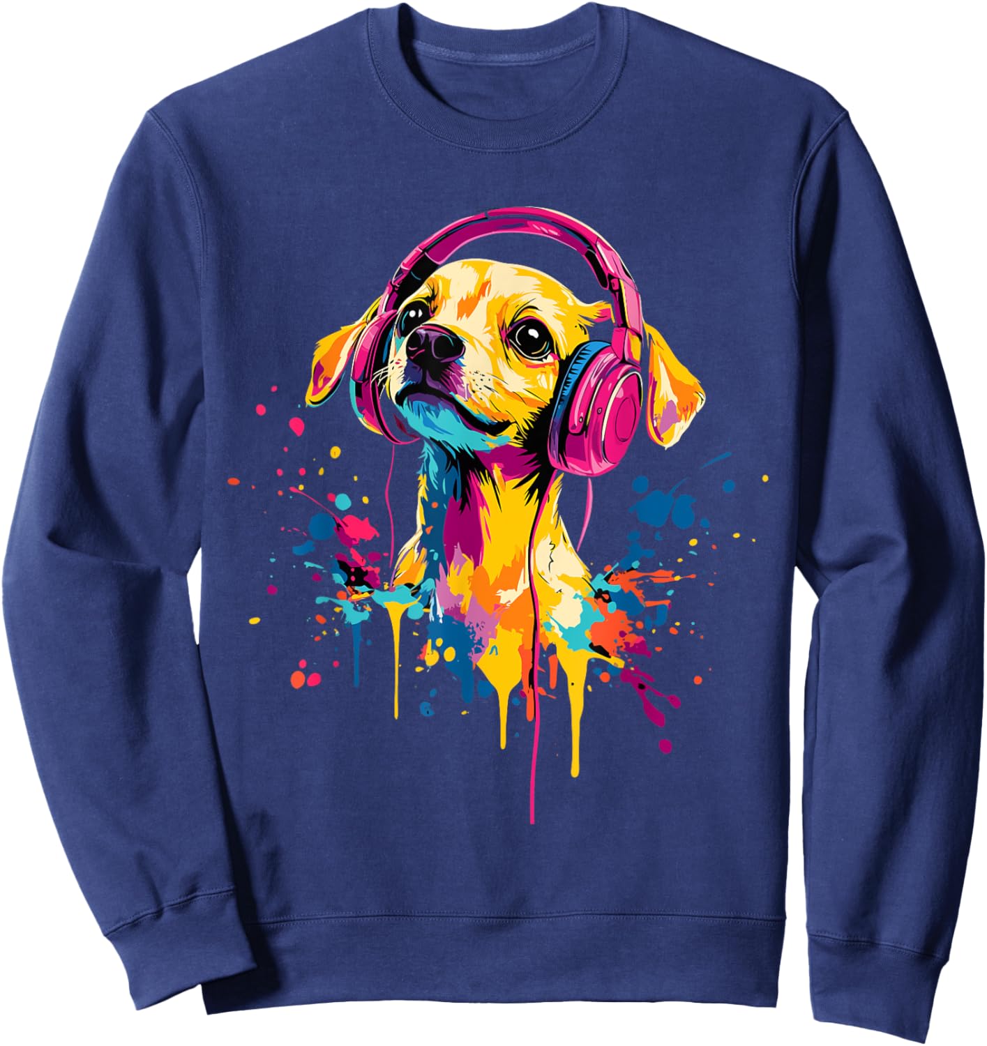 Chiweenie Lover Pop Art Wearing Headphones Funny Chiweenie Sweatshirt - Sweatshirt | Navy