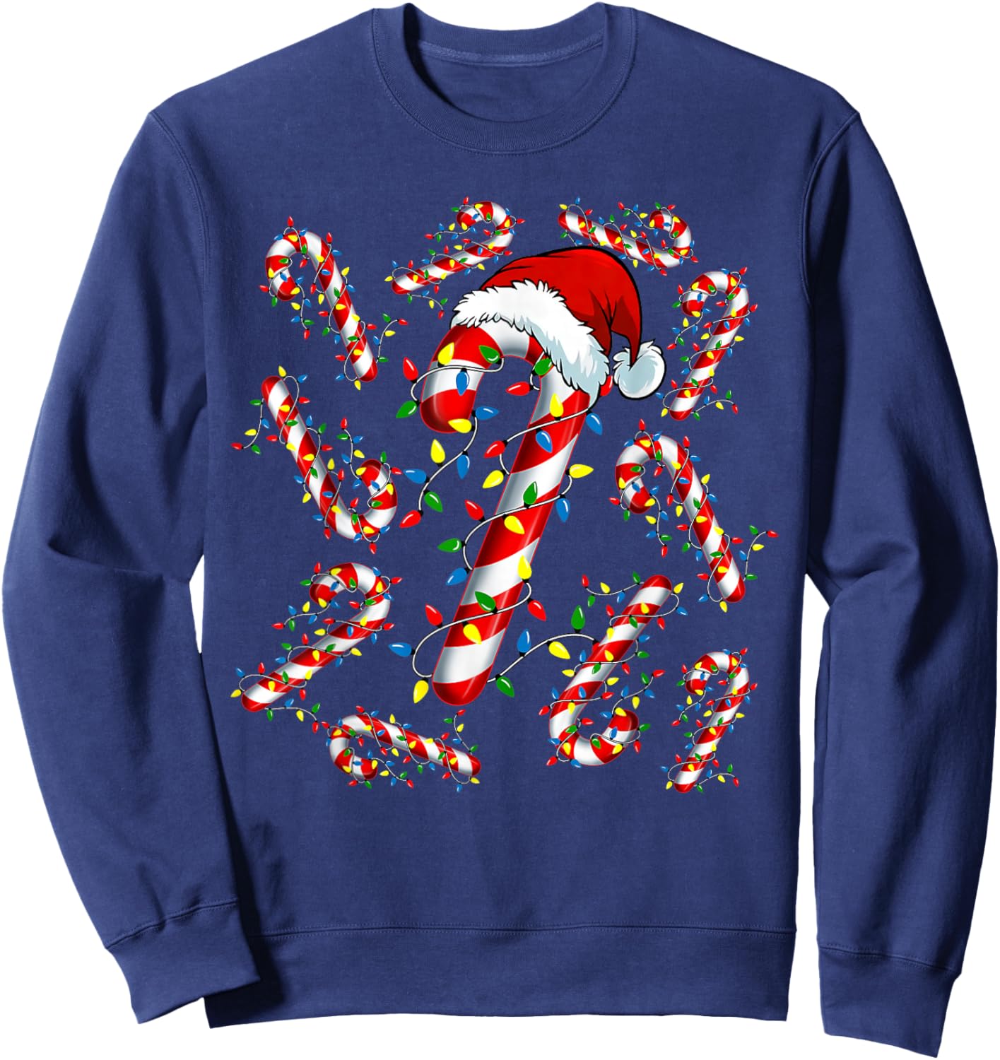 Red and White Candy Cane Santa Funny Christmas Xmas Lights Sweatshirt - Sweatshirt | Navy