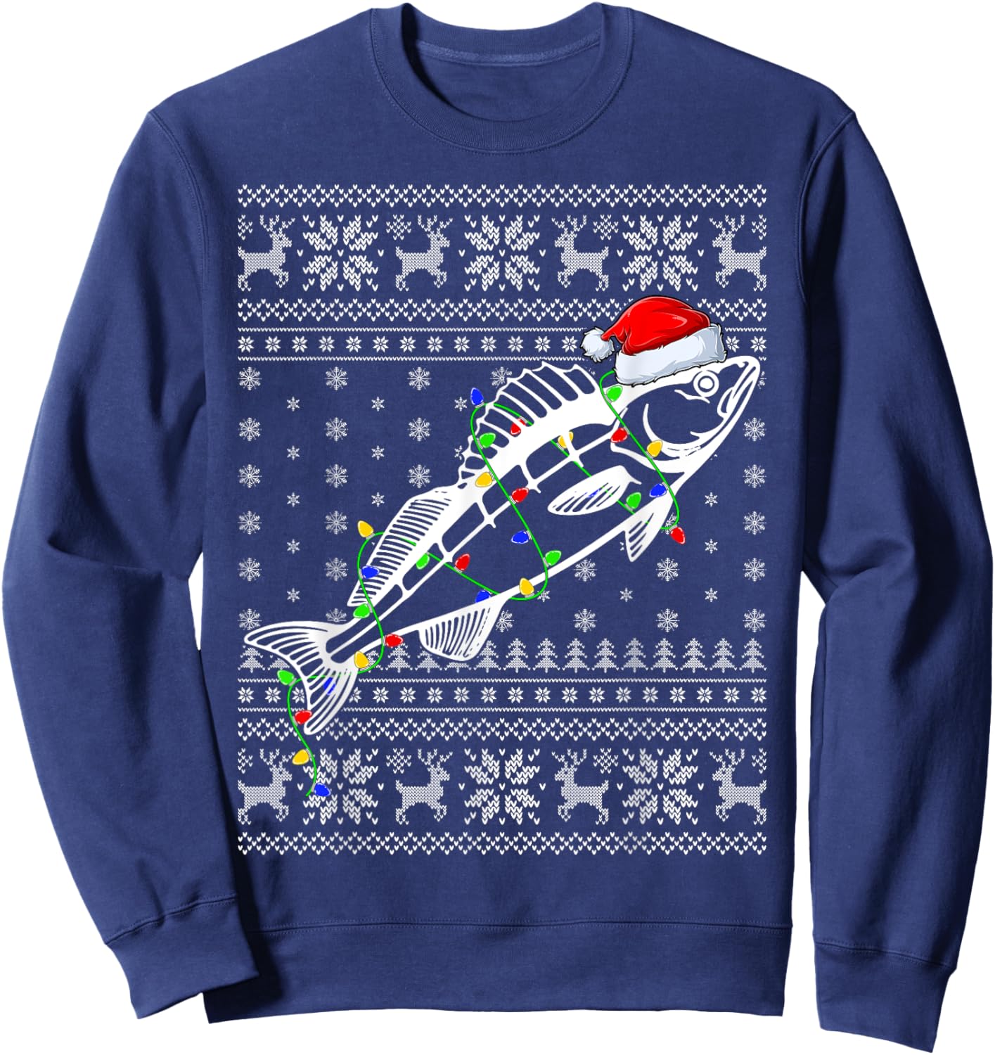 Ugly Sweater Xmas Lights Santa Hat Walleye Fish Christmas Sweatshirt - Sweatshirt | Navy