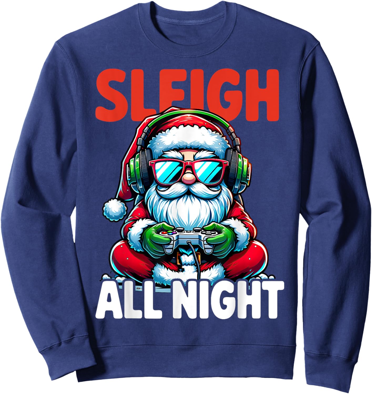 Christmas Gamer Boys Sleigh All Night Video Game Santa Xmas Sweatshirt - Sweatshirt | Navy