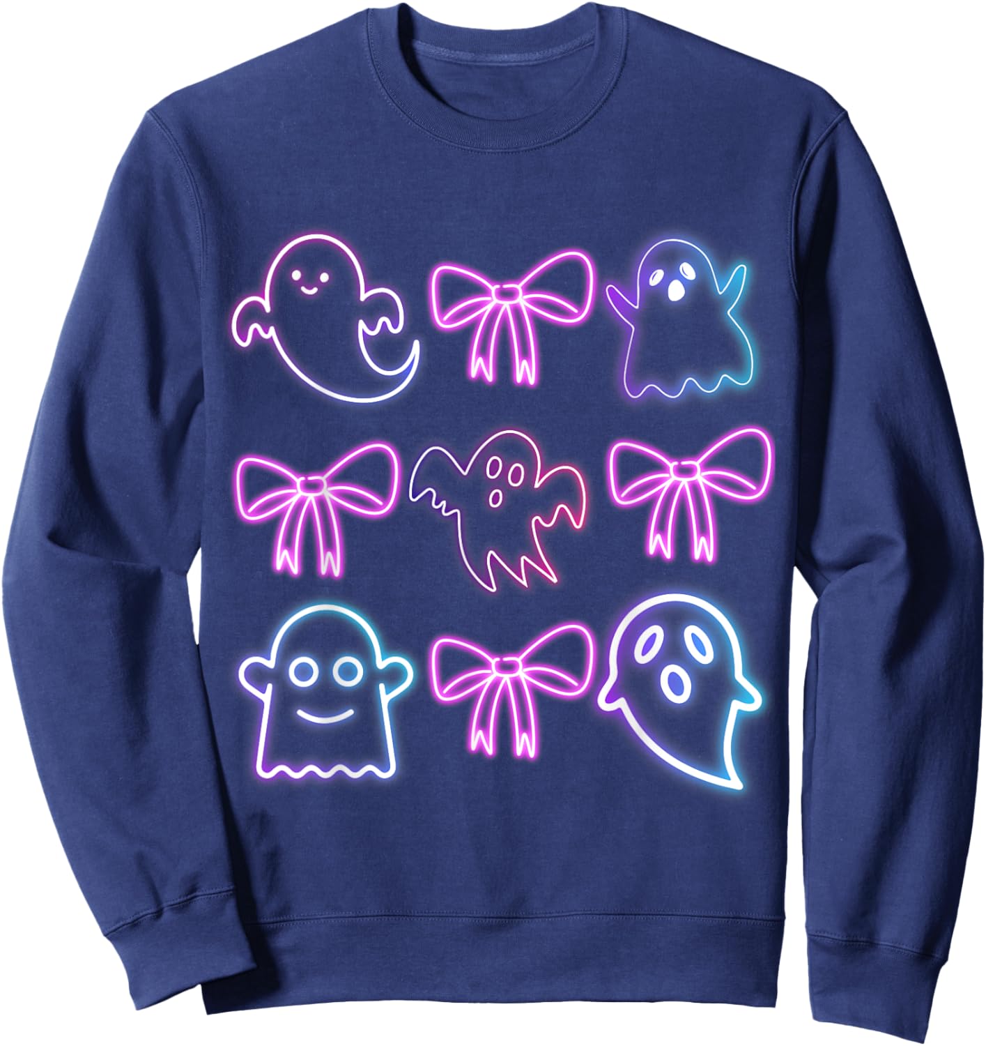 Cute Boo Ghost Spooky Season Glow In Halloween Night Bow Sweatshirt - Sweatshirt | Navy