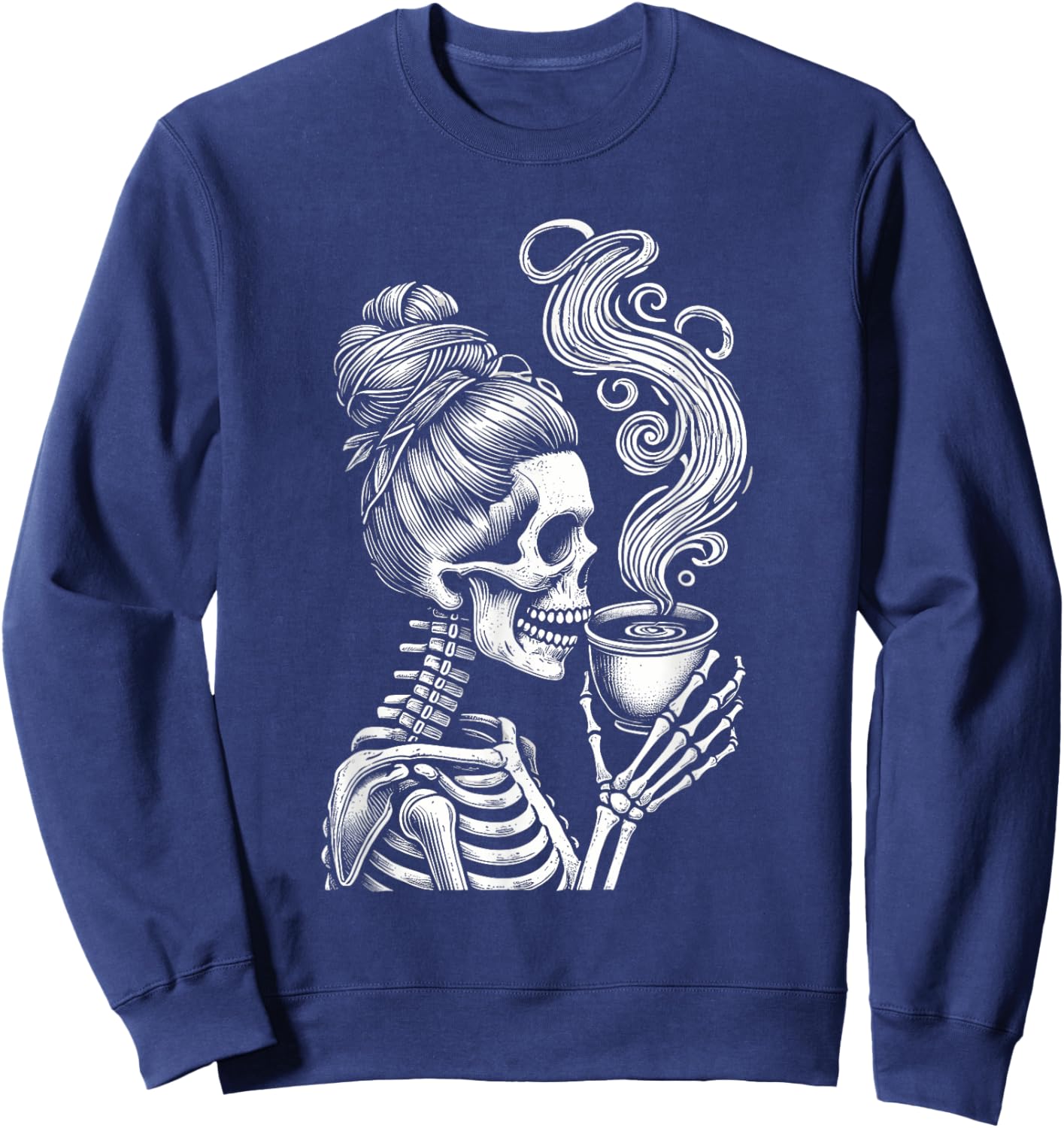 Messy Bun Skeleton Drinking Coffee Funny Halloween Costume Sweatshirt - Sweatshirt | Navy