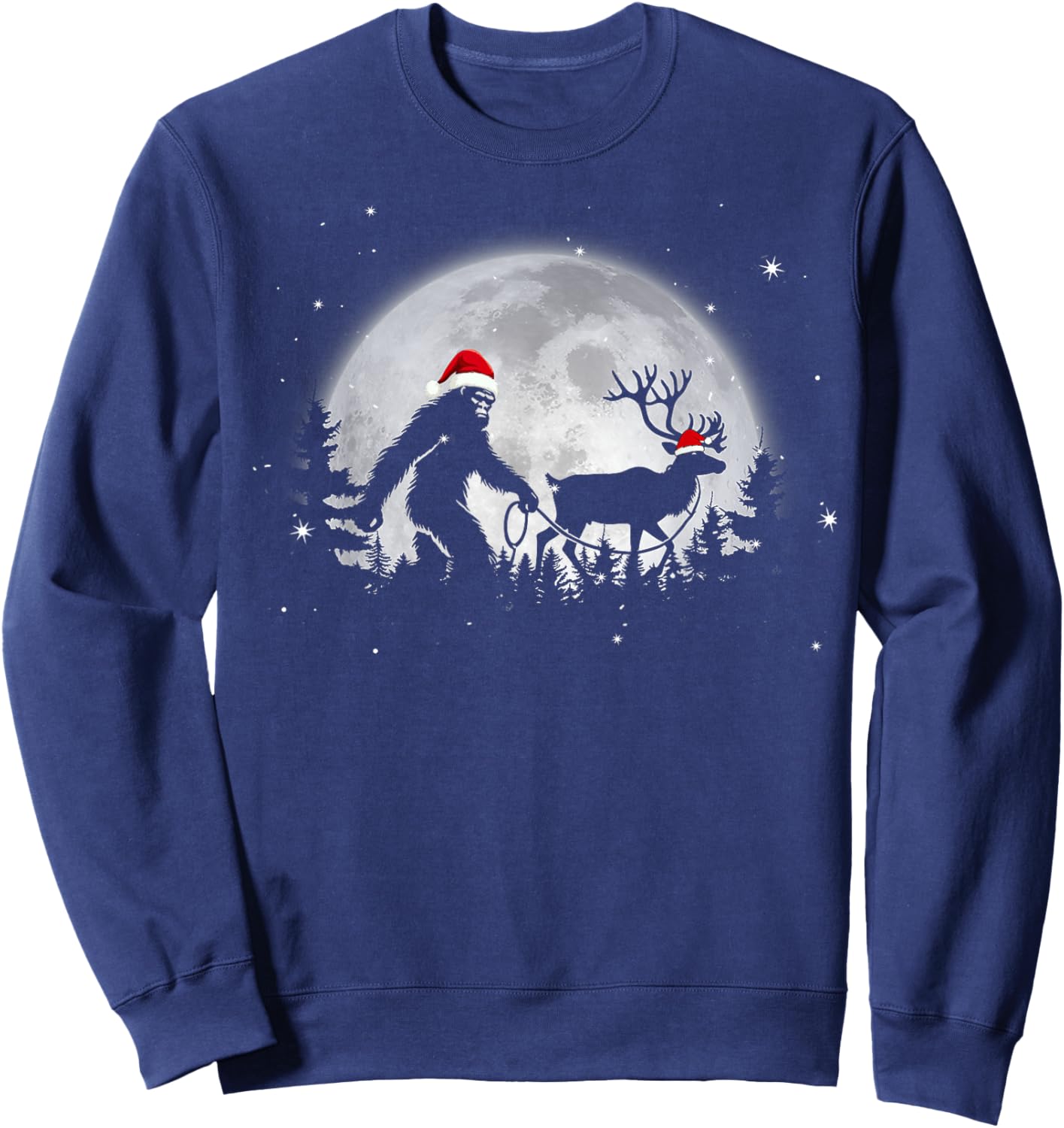 Funny Bigfoot Walking Reindeer Full Moon Christmas Sasquatch Sweatshirt - Sweatshirt | Navy