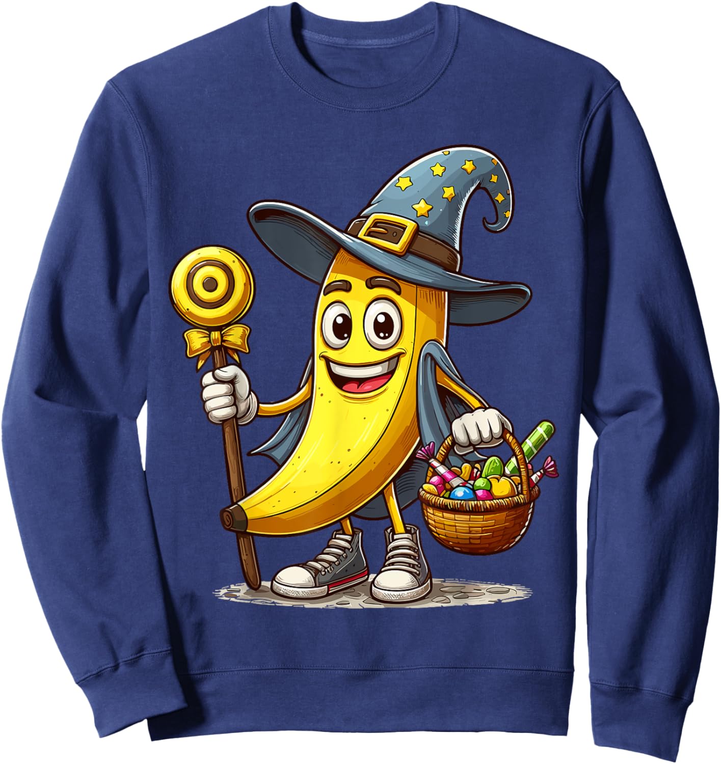 Funny Banana Witch Halloween Hat Holding Candy Halloween Sweatshirt - Sweatshirt | Navy