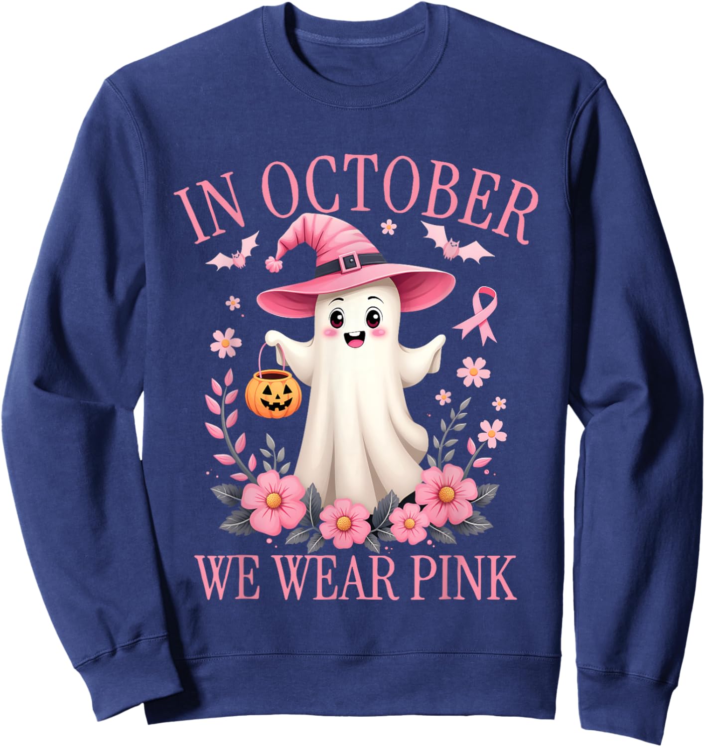 In October We Wear Pink Breast Cancer Awareness Halloween Sweatshirt - Sweatshirt | Navy
