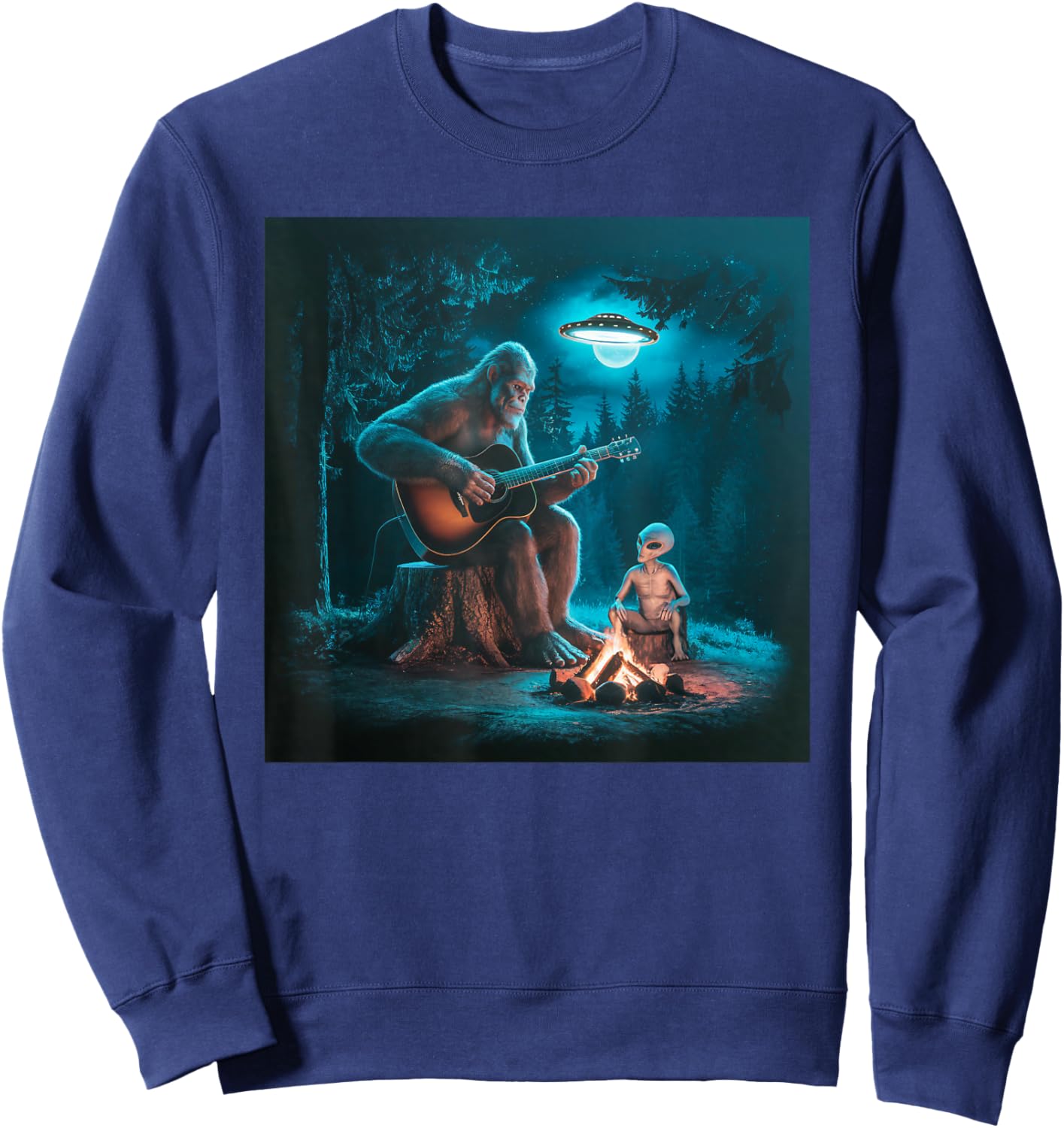 Bigfoot Alien Sasquatch Campfire UFO Music Night Scene Sweatshirt - Sweatshirt | Navy