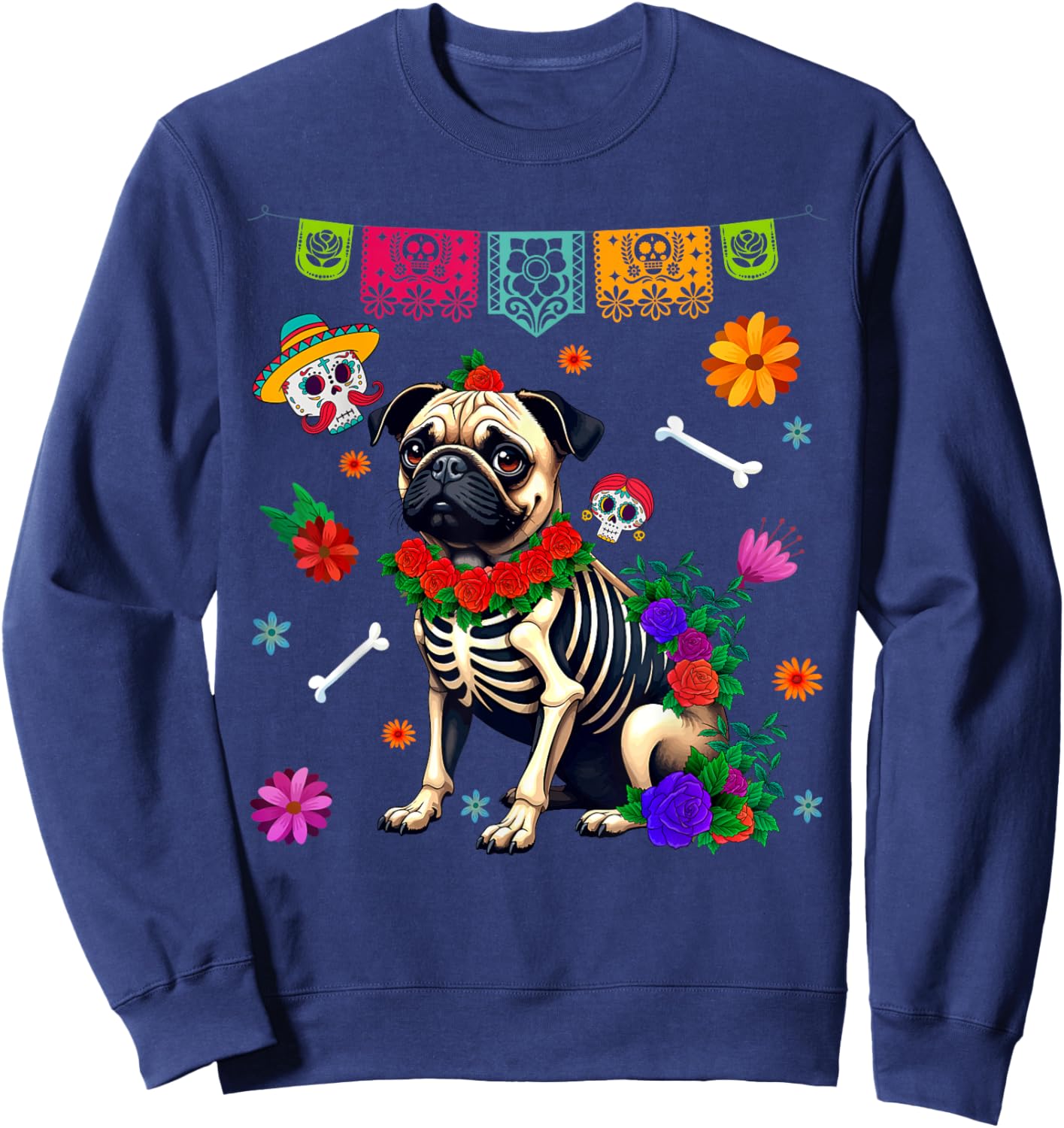 Funny Sugar Skull Pug Dog Flowers Dia de Muertos Halloween Women Sweatshirt - Sweatshirt | Navy