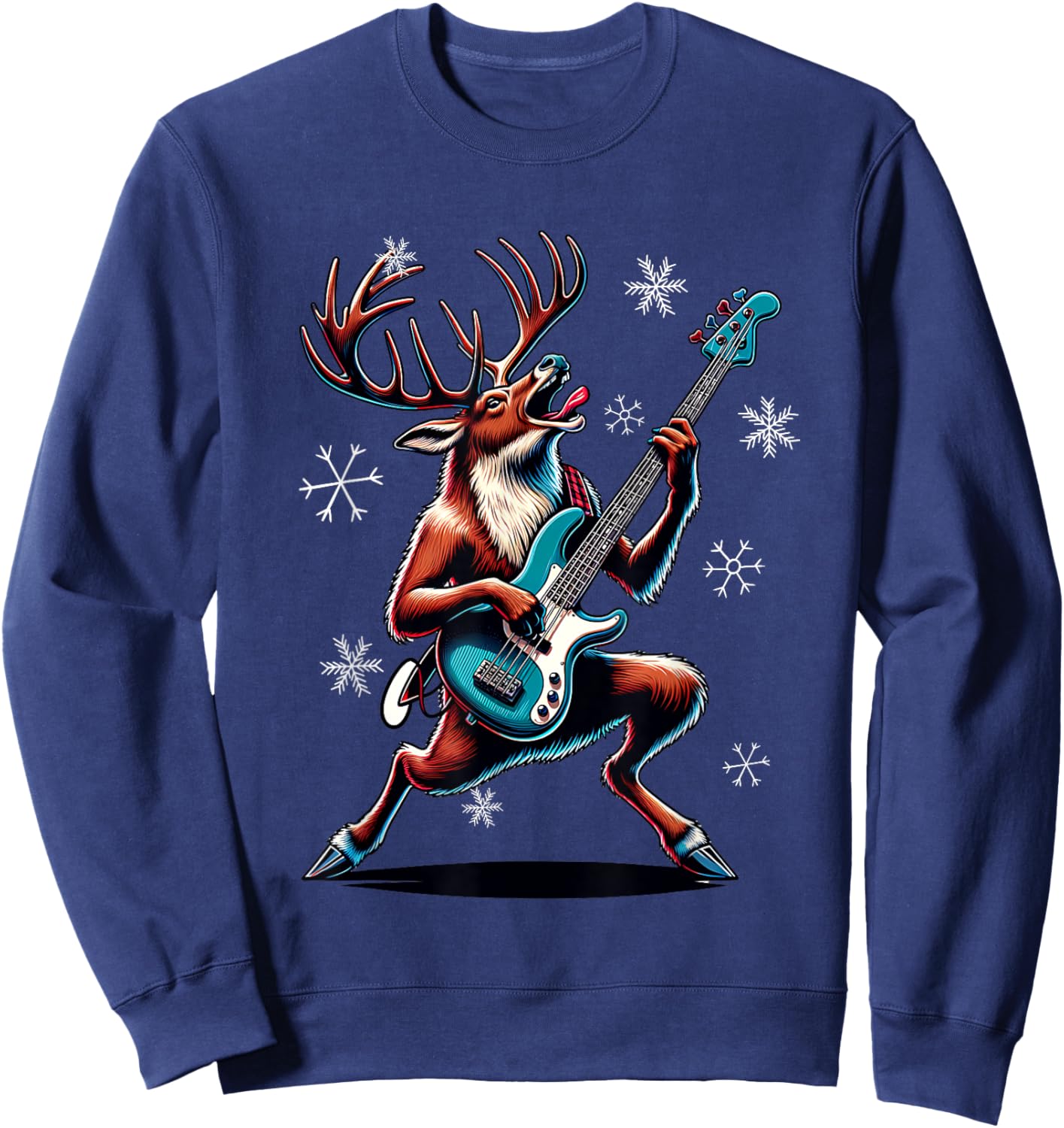 Rock & Roll Reindeer Bass-Guitar Bassist Christmas Sweatshirt - Sweatshirt | Navy