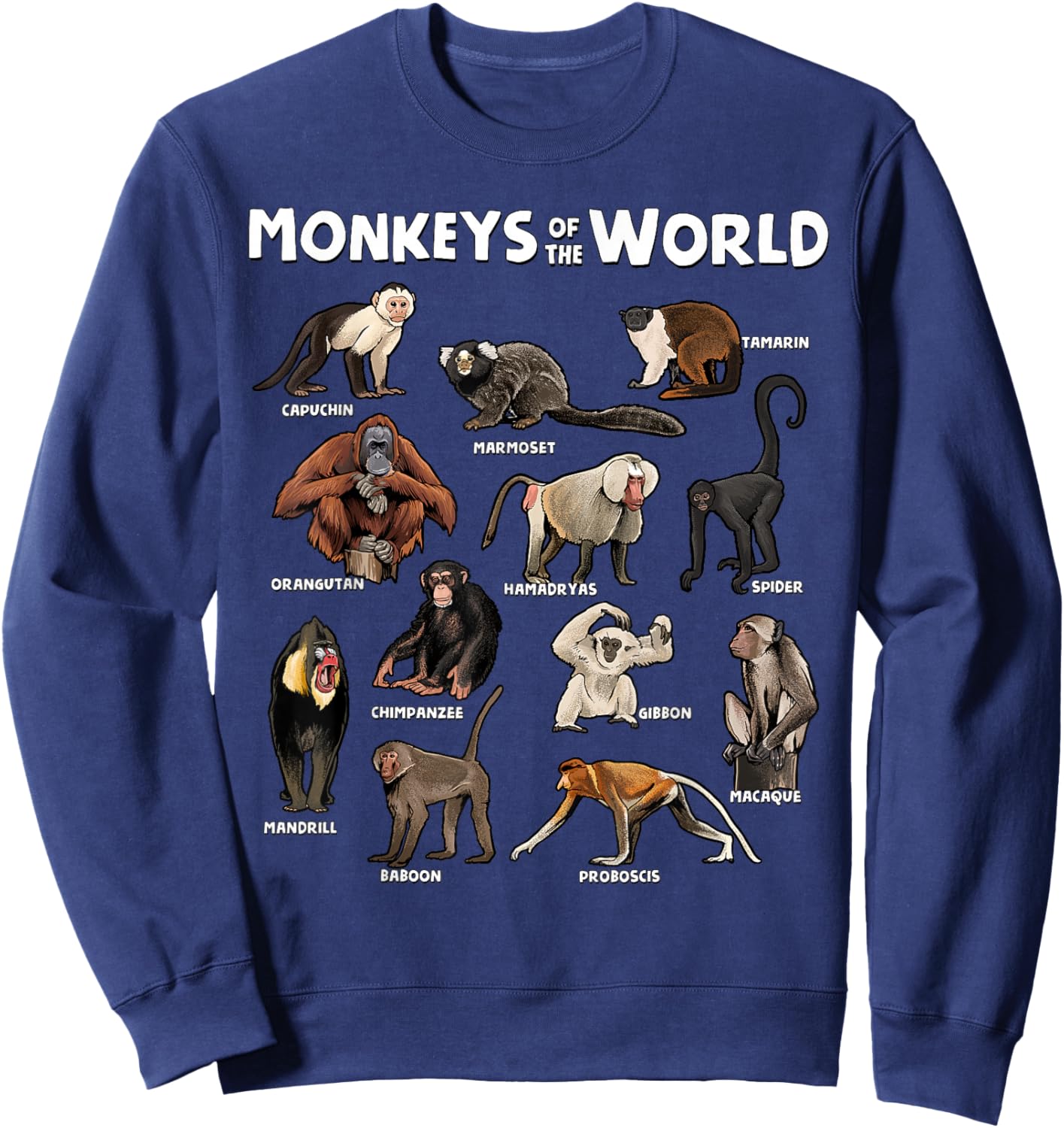 Monkeys of the World Realistic Animal Species Design Sweatshirt - Sweatshirt | Navy