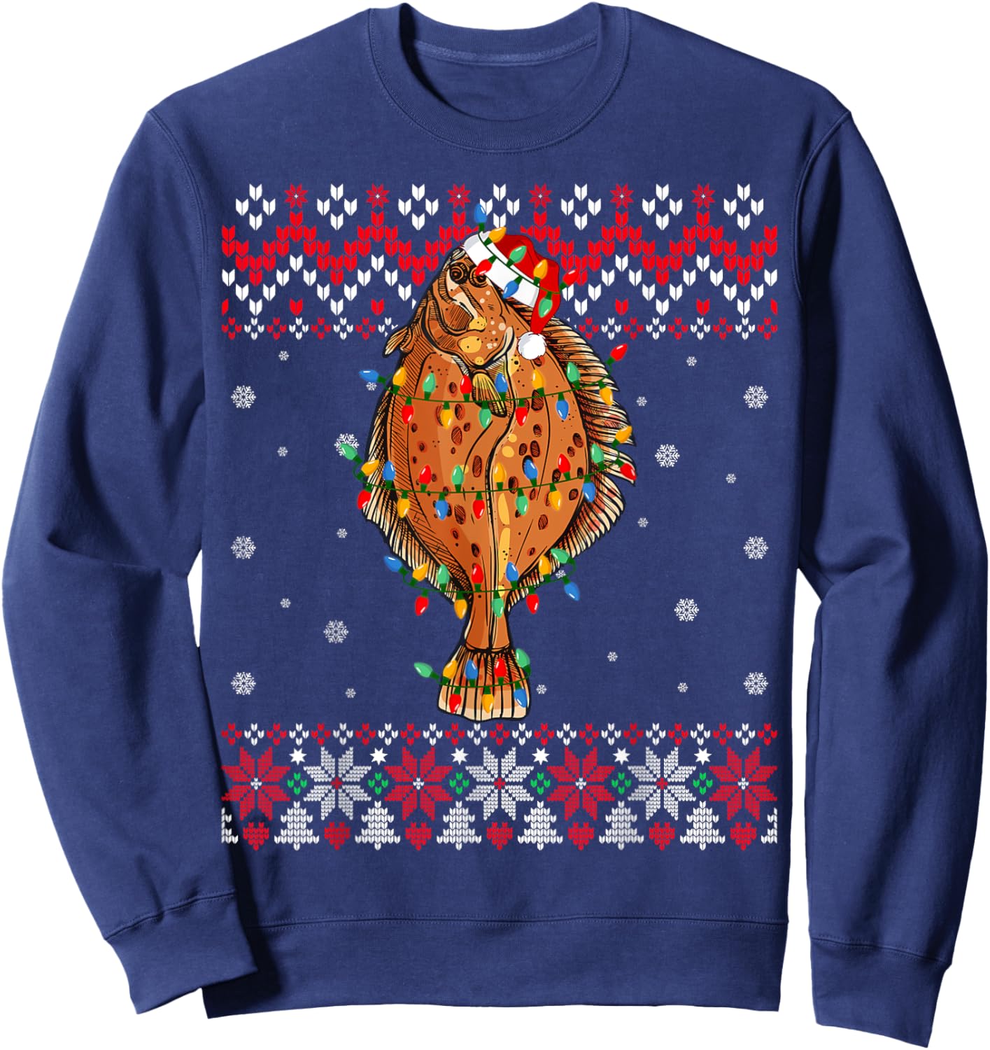 Flounder Fish Santa Hat Men Women Kids Ugly Christmas Light Sweatshirt - Sweatshirt | Navy