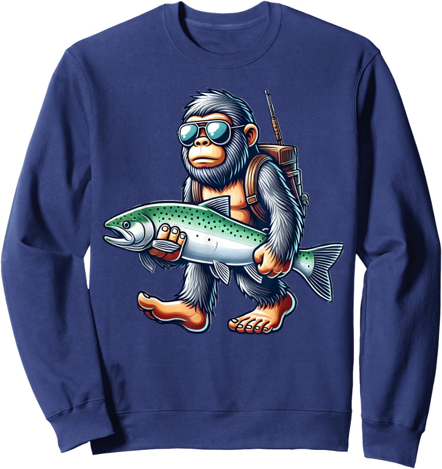 Fishing Bigfoot Lover Gift Co. Steelhead Fishing Bigfoot Trout River -Adults & Kids , Black, Small, Short Sleeve Sweatshirt - Sweatshirt | Navy