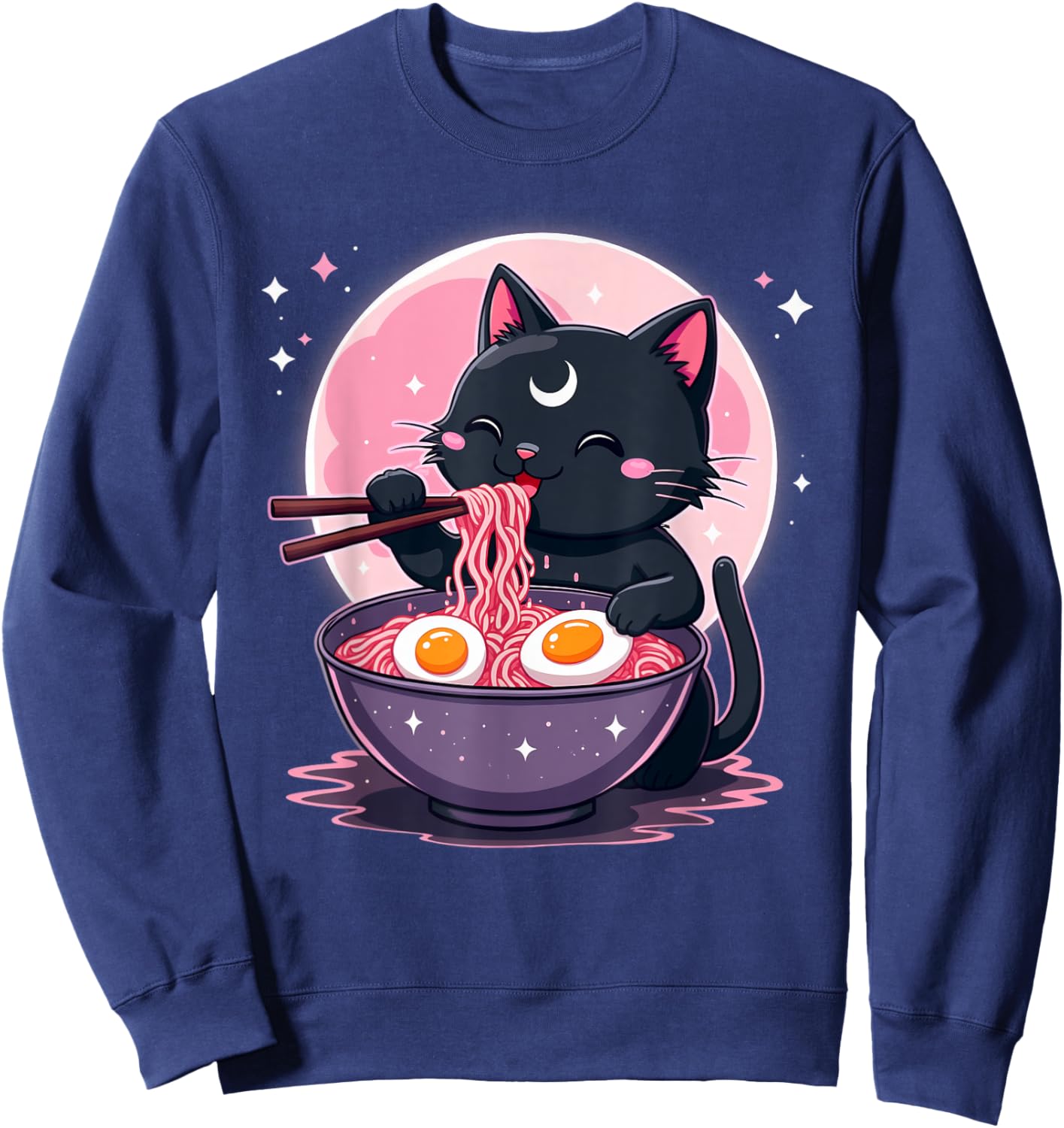 Pastel Goth Aesthetic Kawaii Creepy Cat Eating Ramen Noodles Sweatshirt - Sweatshirt | Navy