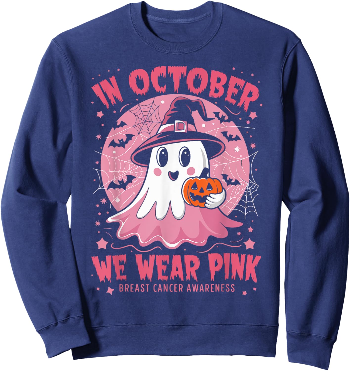 In October We Wear Pink Breast Cancer Awareness Women Ghost Sweatshirt - Sweatshirt | Navy
