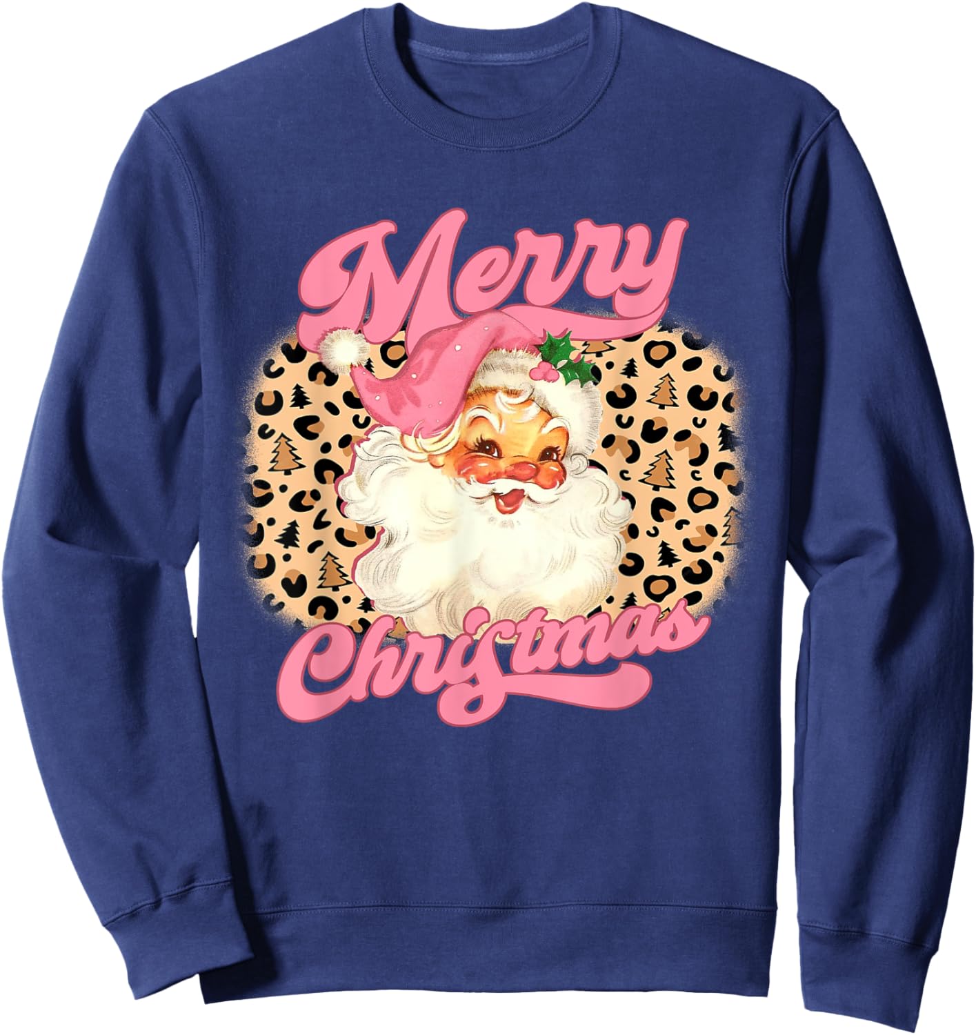 Merry Christmas Pink Santa Claus Leopard Print Women Girls Sweatshirt - Sweatshirt | Navy