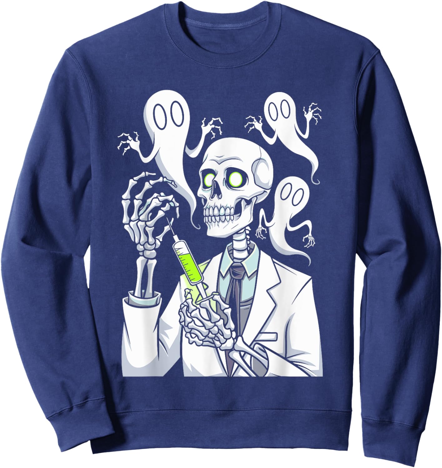 Funny Skeleton Medical Staff Doctor Syringe Spooky Halloween Sweatshirt - Sweatshirt | Navy