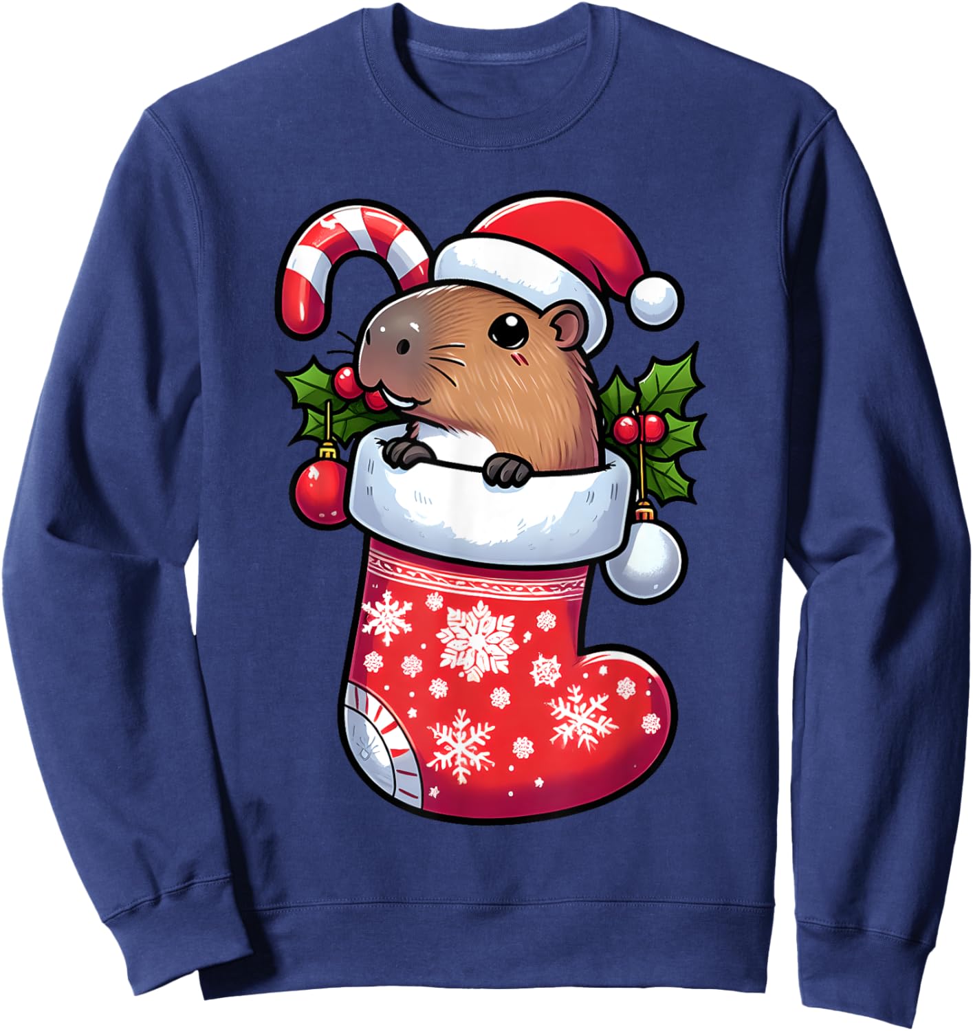 Capybara in Christmas Stocking Candy Cane Santa Hat Pajama Sweatshirt - Sweatshirt | Navy