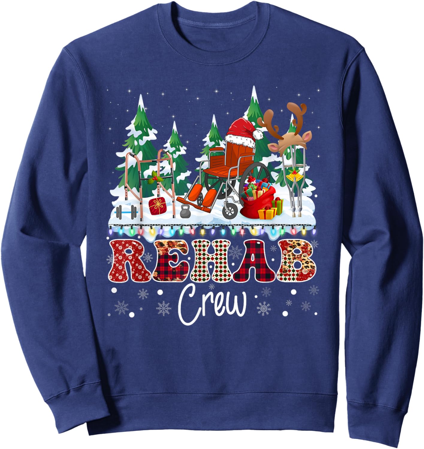 Rehab Crew Wheelchair Santa Hat Reindeer Christmas Tree Sweatshirt - Sweatshirt | Navy
