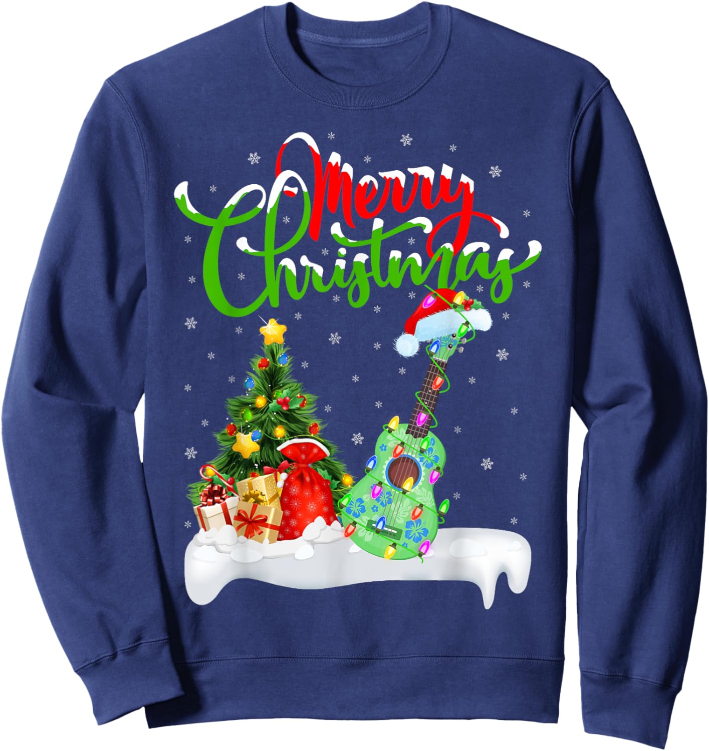 Xmas Tree Lights Santa Hat Musical Ukulele Guitar Christmas Sweatshirt - Sweatshirt | Navy