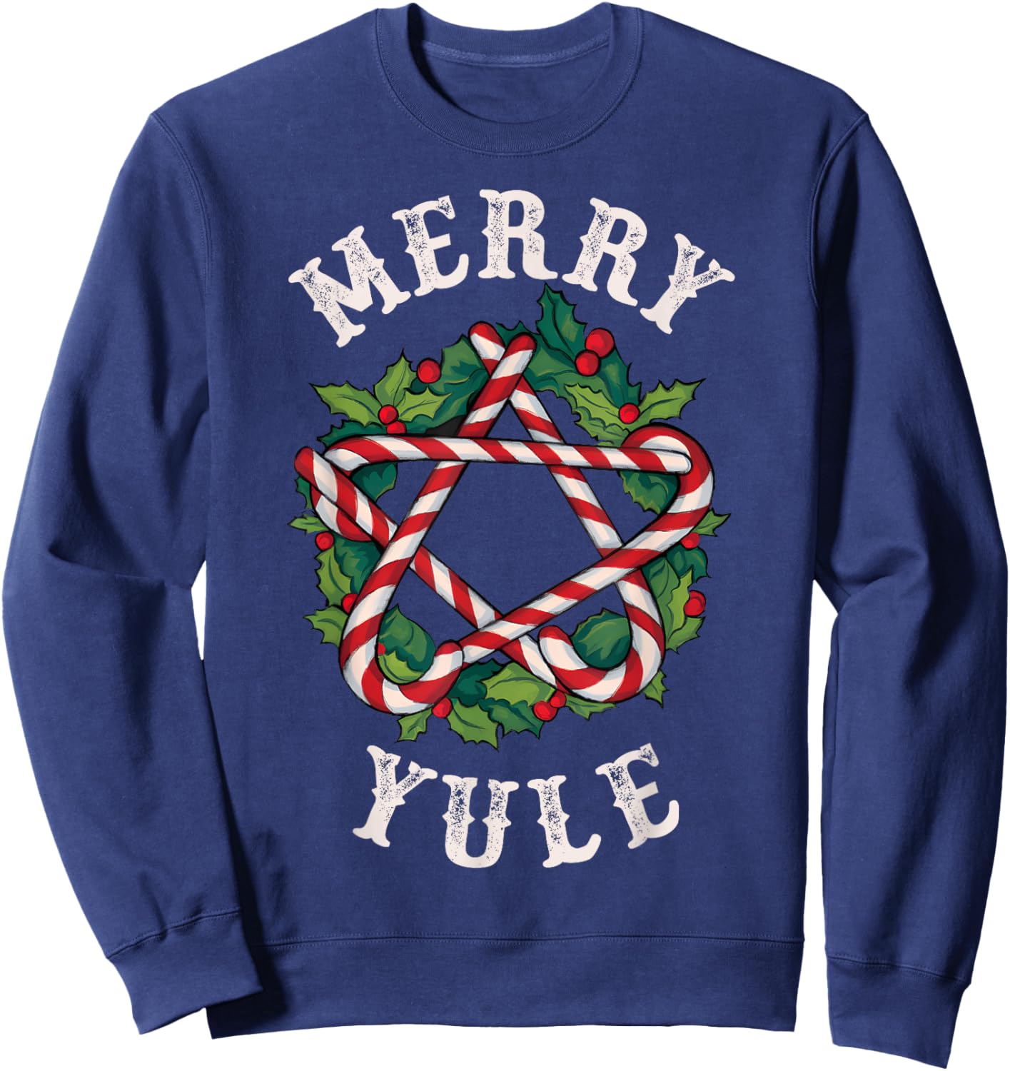 Merry Yule Winter Solstice Holly Christmas Pagan Pentagram Sweatshirt - Sweatshirt | Navy