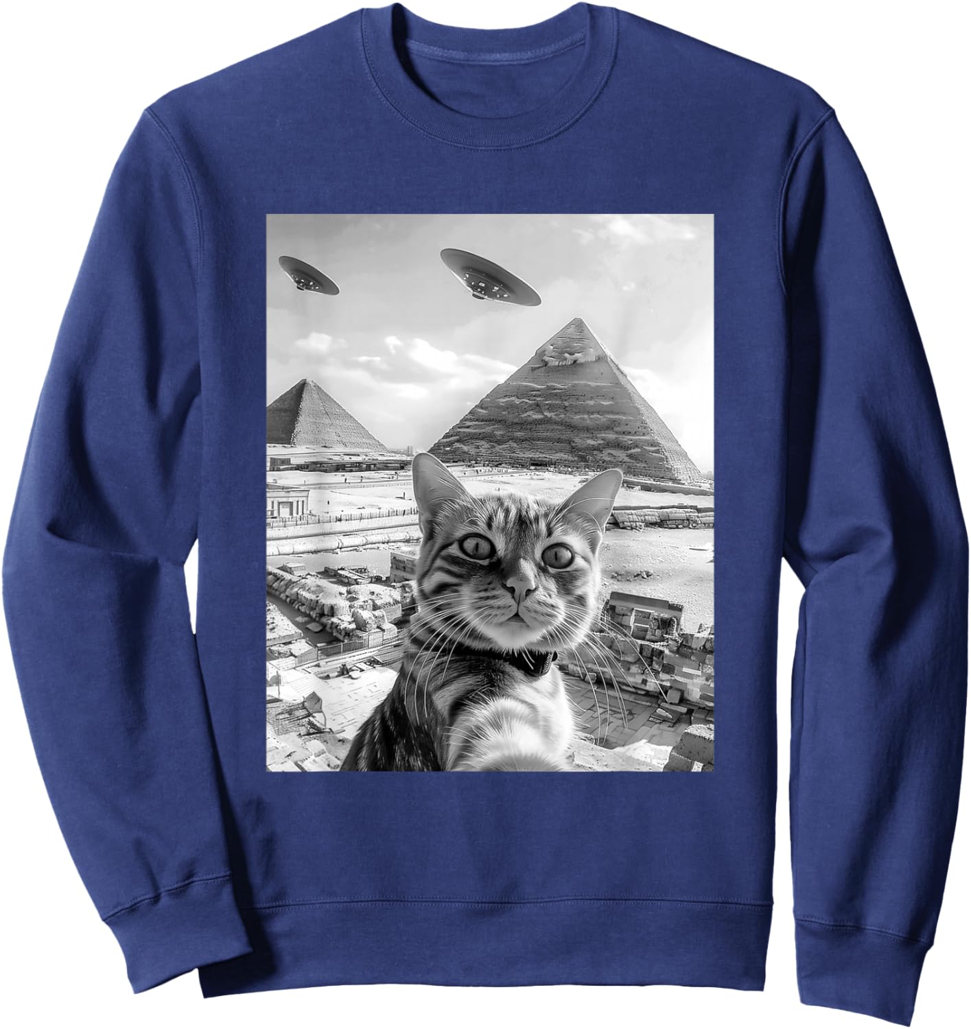 Funny Cat Selfie with Pyramids Alien UFOs Men Women Girls Kids Sweatshirt - Sweatshirt | Navy