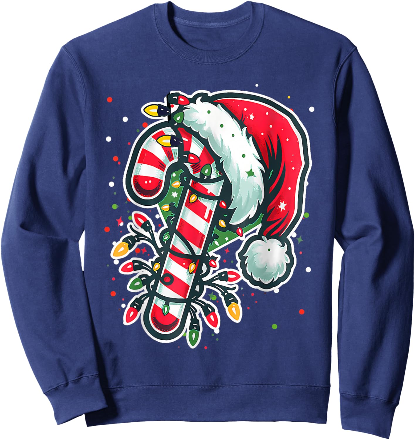 Red And White Candy Cane Santa Christmas Funny Xmas Lights Sweatshirt - Sweatshirt | Navy