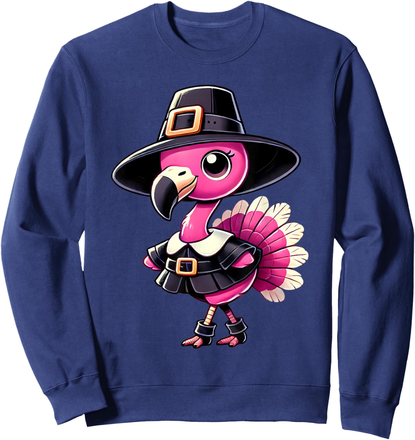 Cute Flamingo Pilgrim Hat Thanksgiving Fall Men Women Kids Sweatshirt - Sweatshirt | Navy