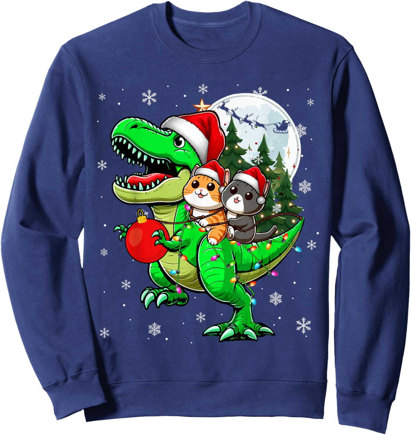 Two Xmas Cats Riding T-Rex Reindeer Lover Kids Sweatshirt - Sweatshirt | Navy