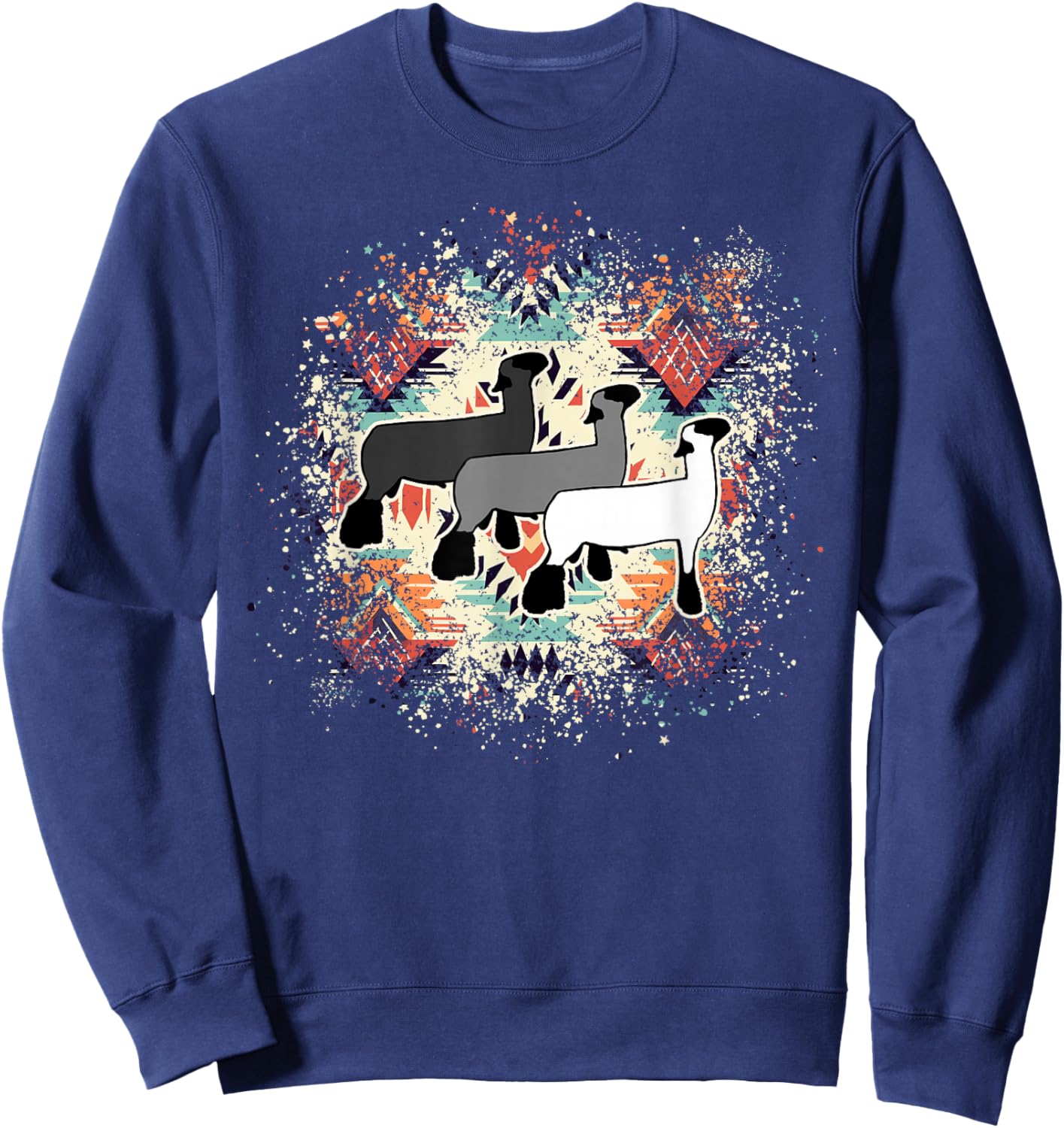 Show Club Lamb with Western Aztec-Inspired Geometric Splash Sweatshirt - Sweatshirt | Navy