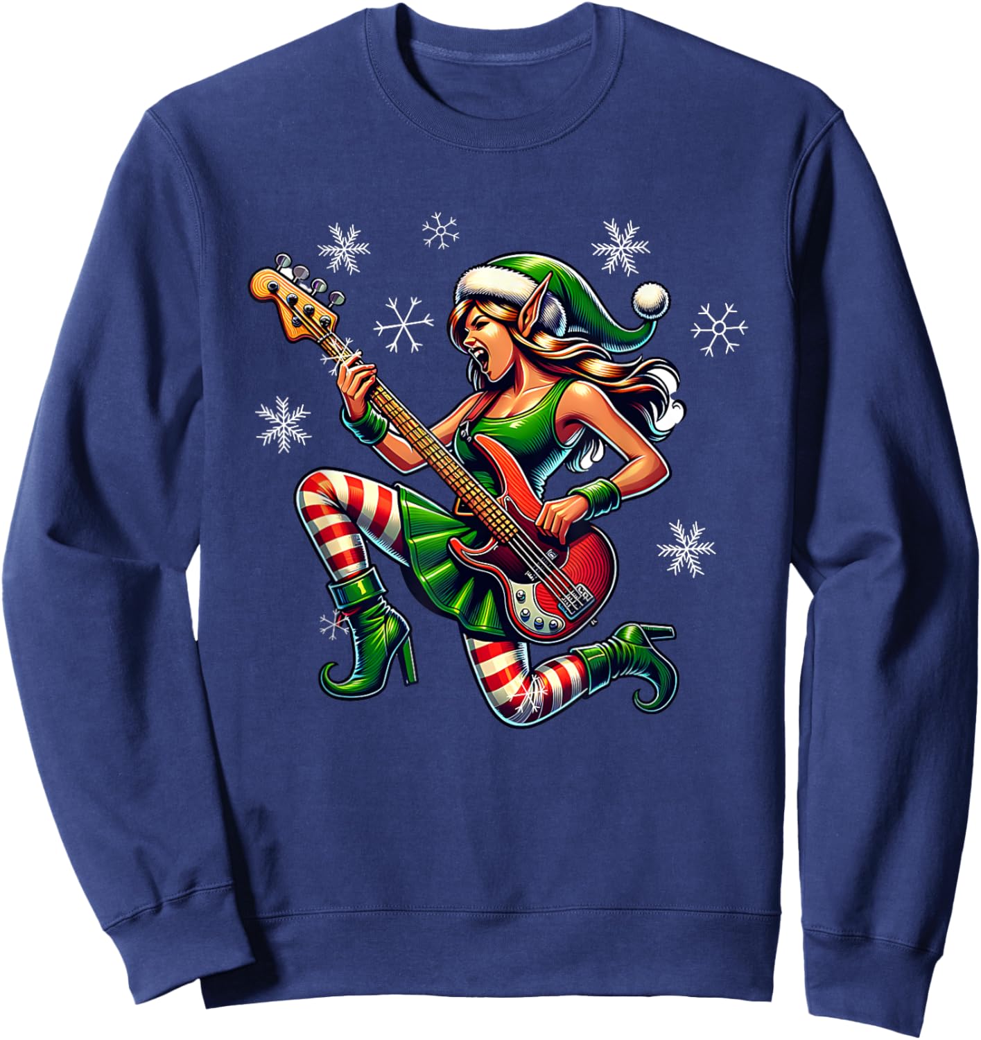 Rock & Roll Christmas Elf Bass-Guitar Bassist Christmas Sweatshirt - Sweatshirt | Navy