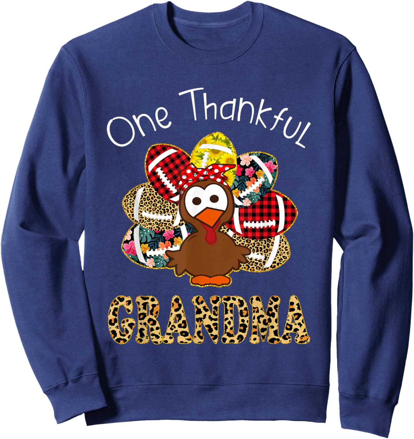 One Thankful Grandma Turkey Leopard Fall Thanksgiving Gift Sweatshirt - Sweatshirt | Navy