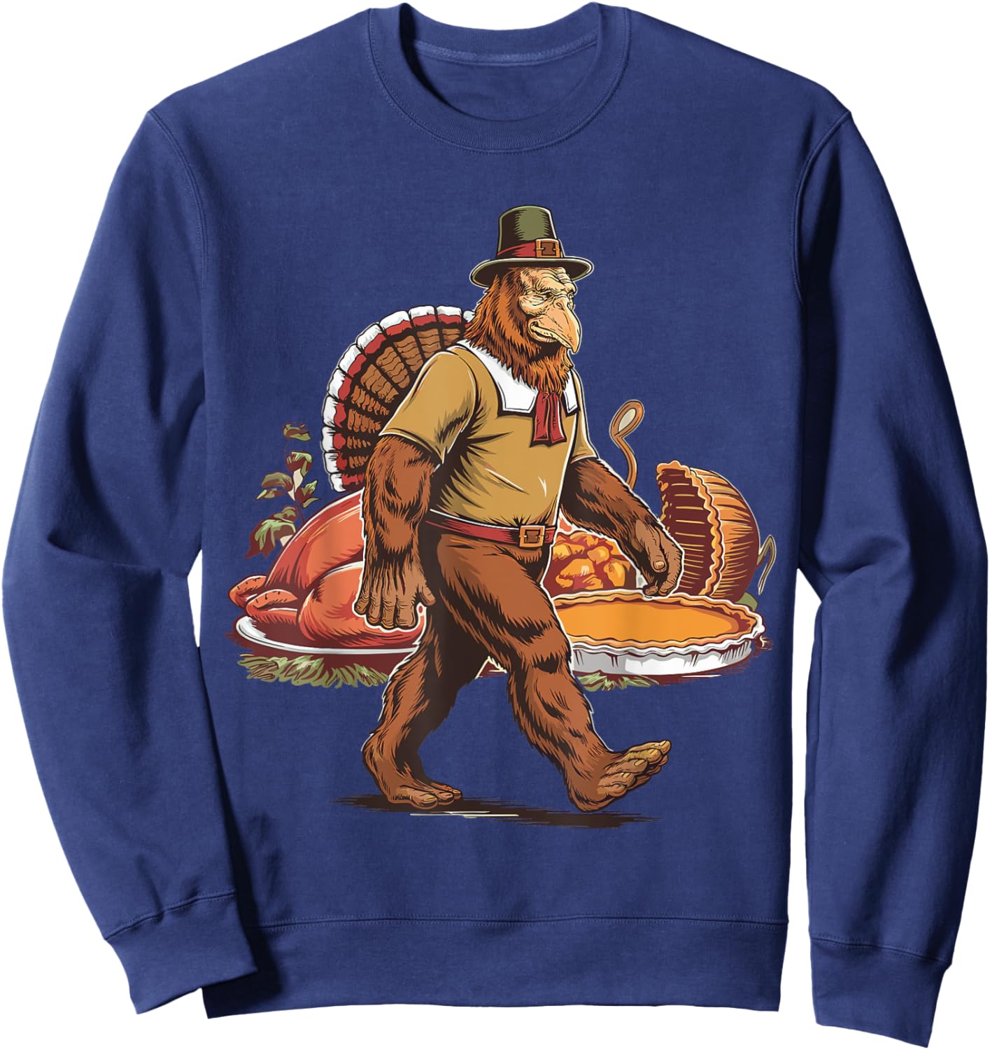 Bigfoot Pilgrim Turkey Pumpkin Thanksgiving Day Boys Men Sweatshirt - Sweatshirt | Navy